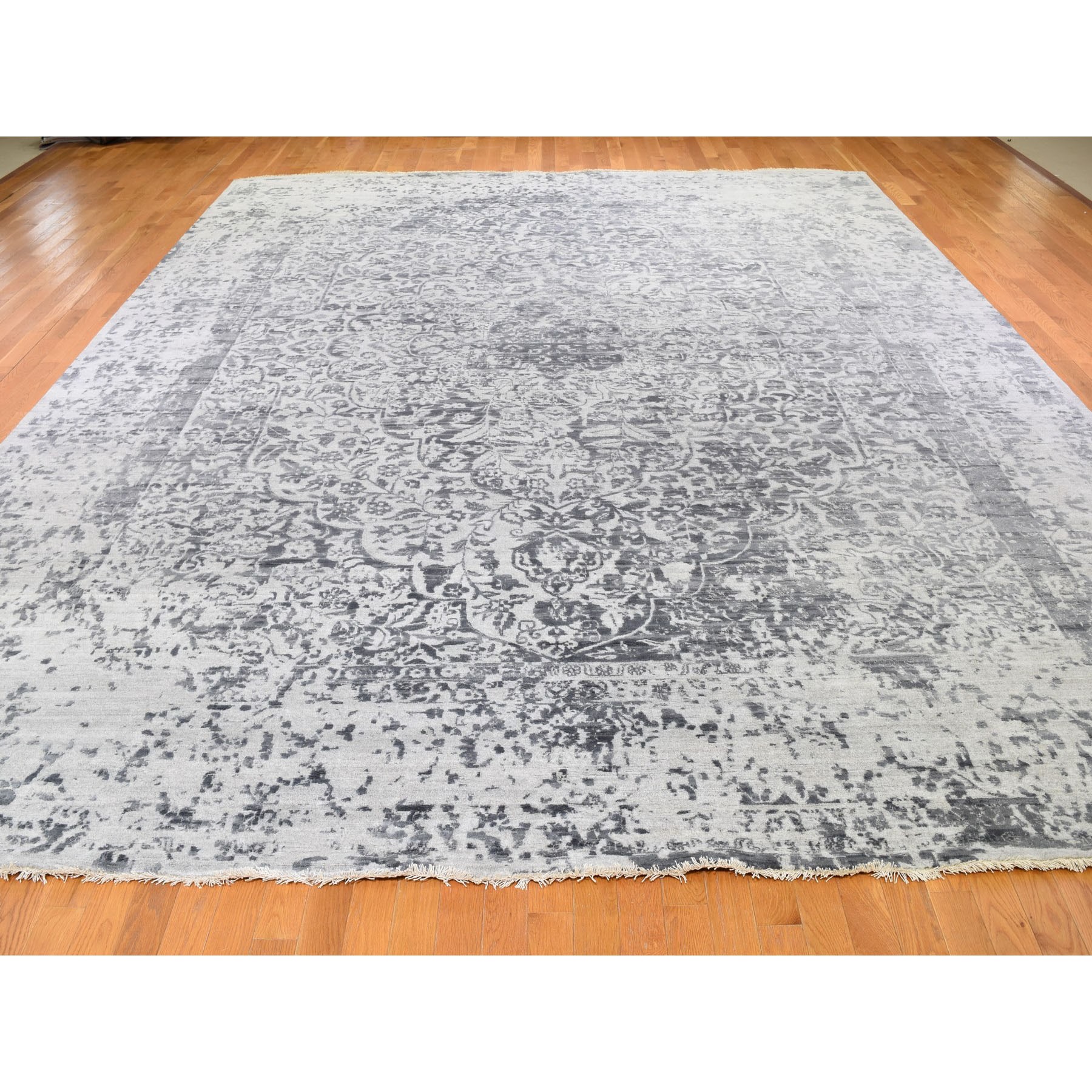 12-x15-2  Oversized Silver-Dark Gray Erased Persian Design Wool and Pure Silk Hand Knotted Oriental Rug 
