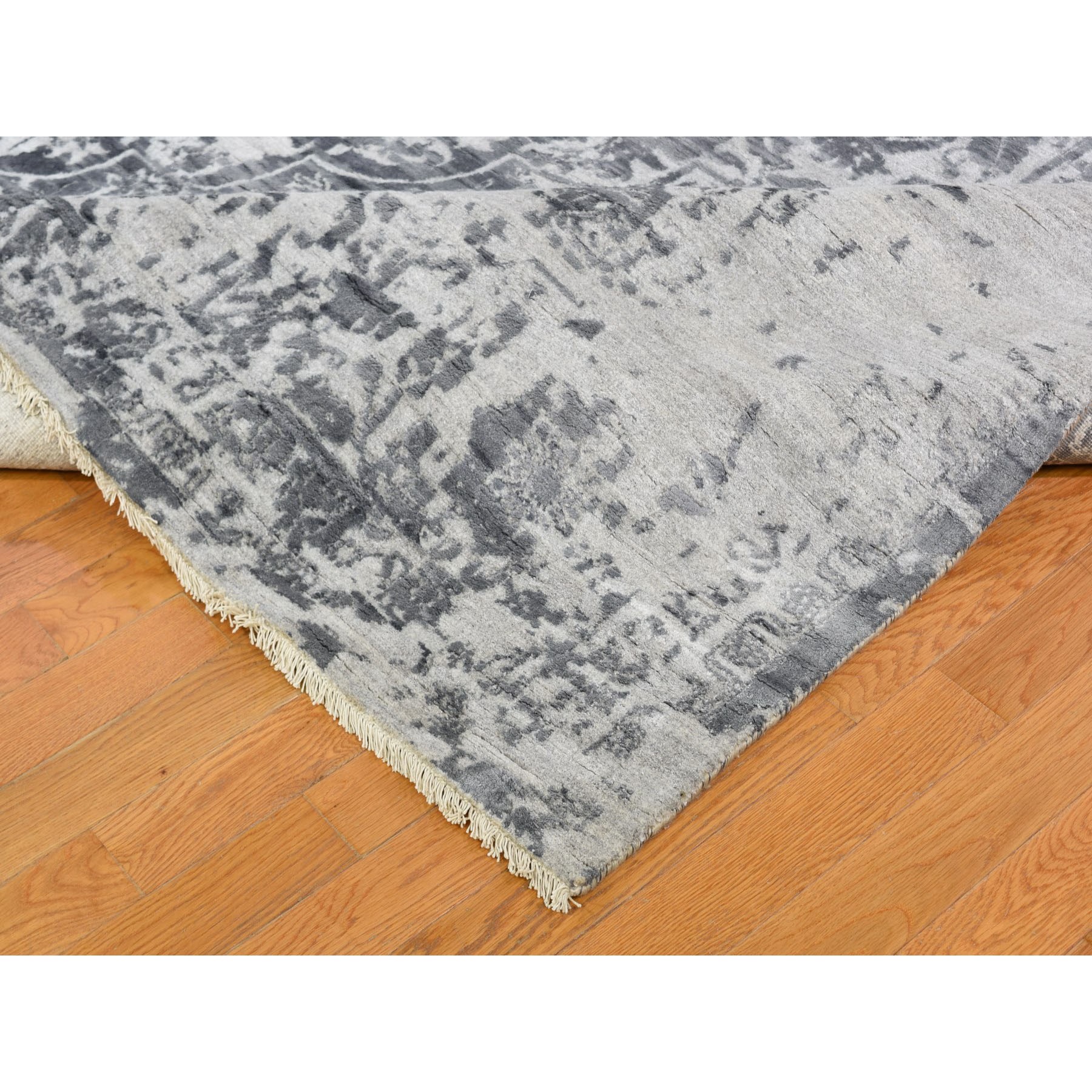 12-x15-2  Oversized Silver-Dark Gray Erased Persian Design Wool and Pure Silk Hand Knotted Oriental Rug 
