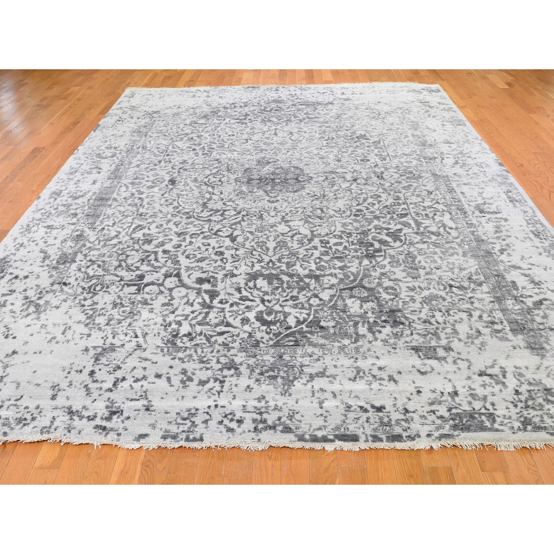 9-x12- Silver-Dark Gray Erased Persian Design Wool and Pure Silk Hand Knotted Oriental Rug 