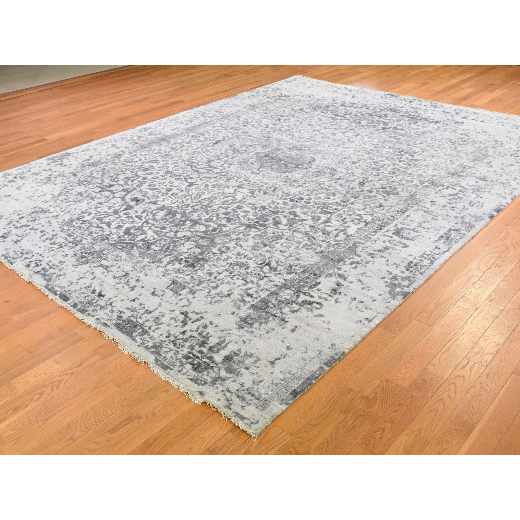 9-x12- Silver-Dark Gray Erased Persian Design Wool and Pure Silk Hand Knotted Oriental Rug 