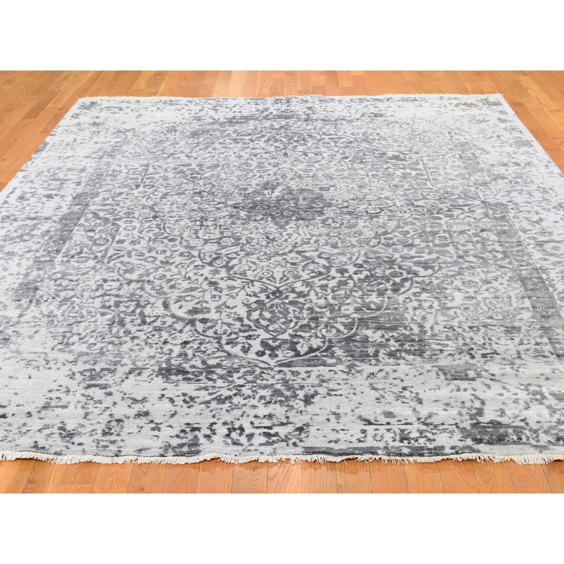 8-x10- Silver-Dark Gray Erased Persian Design Wool and Pure Silk Hand Knotted Oriental Rug 