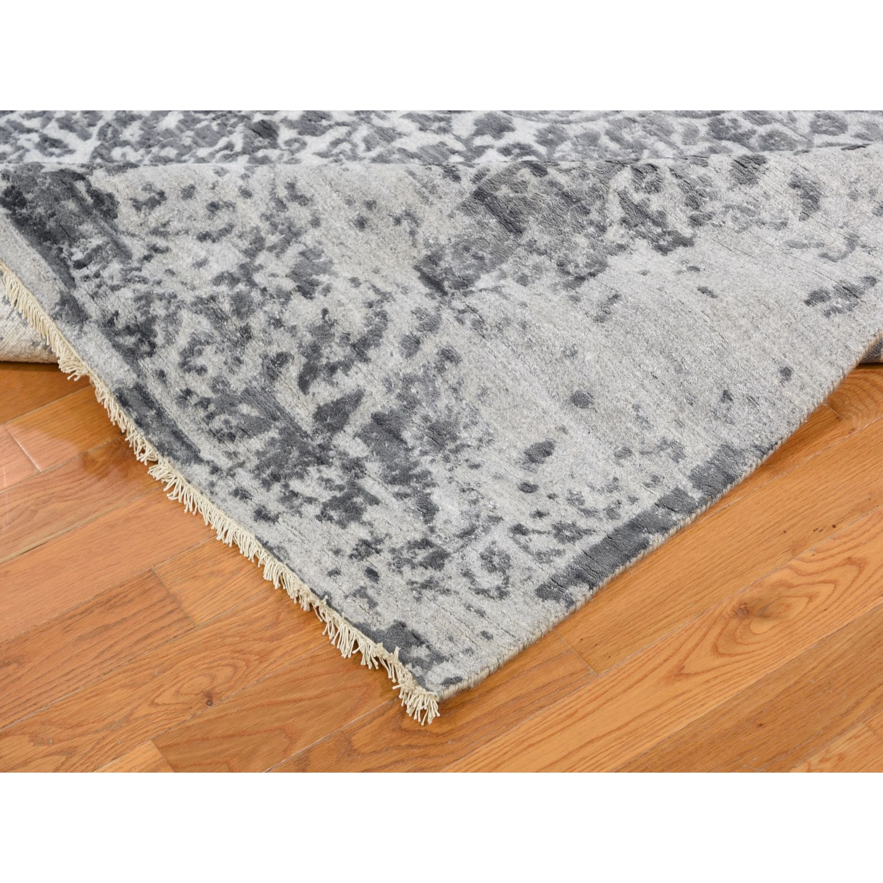 8-x10- Silver-Dark Gray Erased Persian Design Wool and Pure Silk Hand Knotted Oriental Rug 