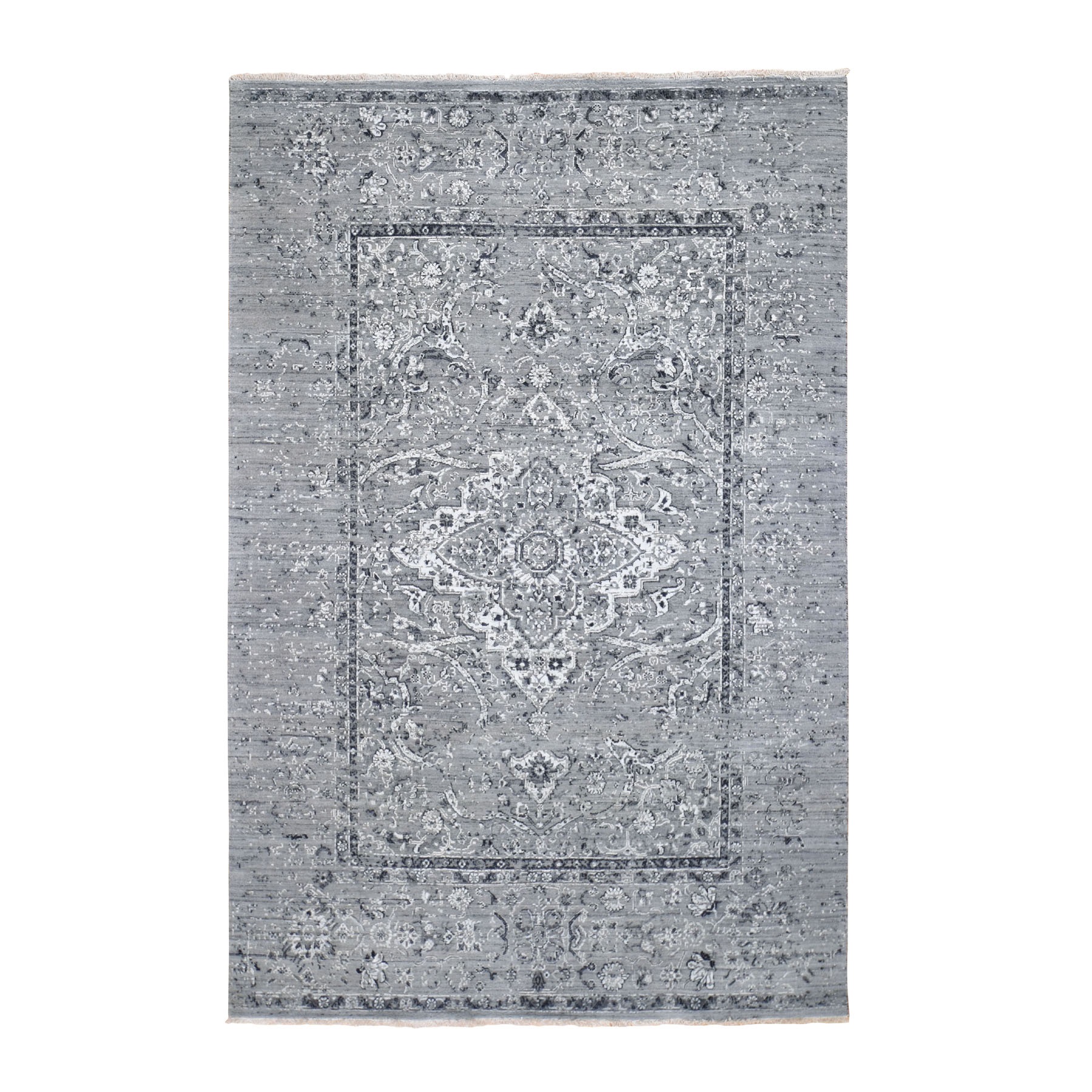6'X9' Gray Broken Persian Erased Design Silk With Textured Wool Hand Knotted Oriental Rug moad79d7