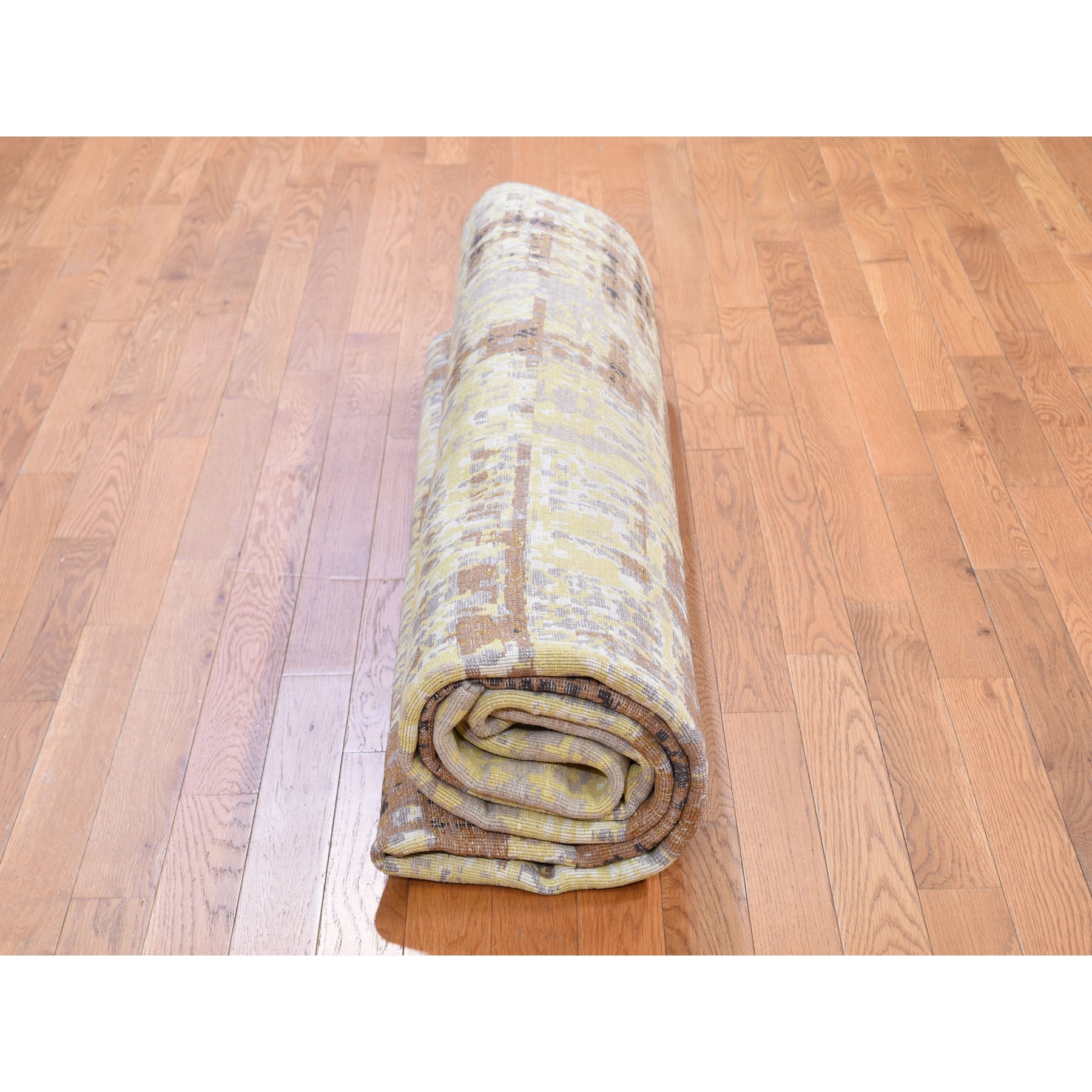 8-x9-10  Yellow Abstract Design Silk With Textured Wool Hand Knotted Oriental Rug 