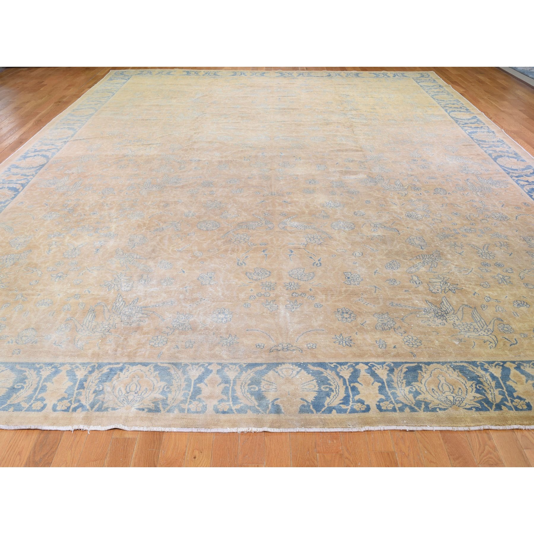 12-9 x17-3  Oversized Beige Antique Turkish Sivas With Parrots and Swans Hand Knotted Oriental Rug 