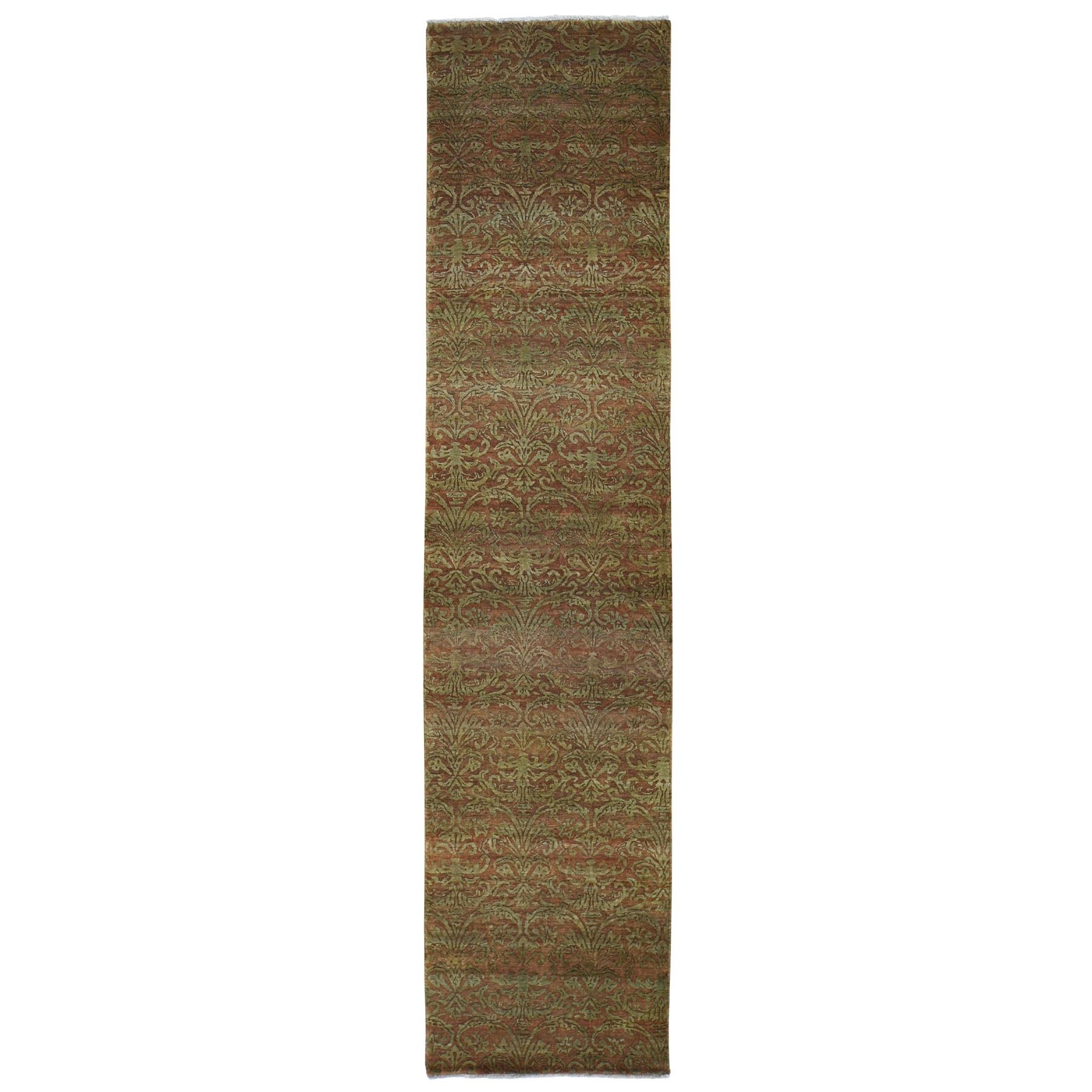 Brown Damask Wool And Silk Tone On Tone Runner Hand Knotted Oriental Rug moad80a0