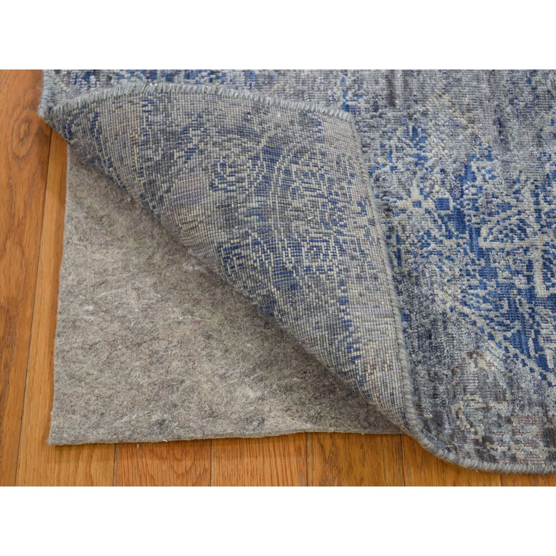 2-8 x8-9  ERASED ROSSETS,Silk With Textured Wool Denim Blue Runner Hand-Knotted Oriental Rug 
