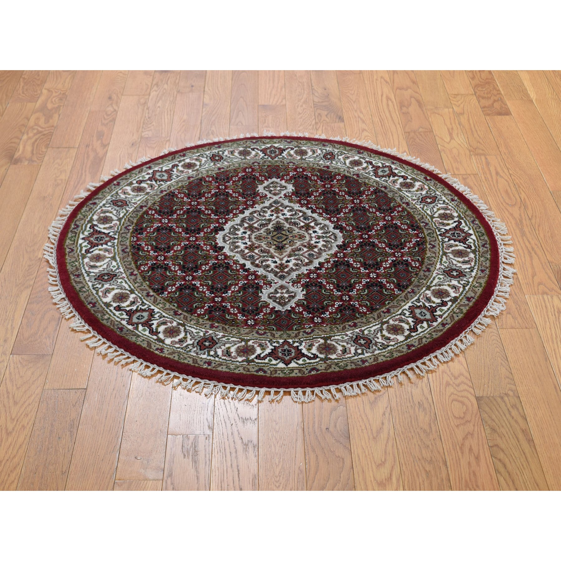 3-4 x3-4  Round Red Tabriz Mahi Wool and Silk Hand Knotted Oriental Rug 