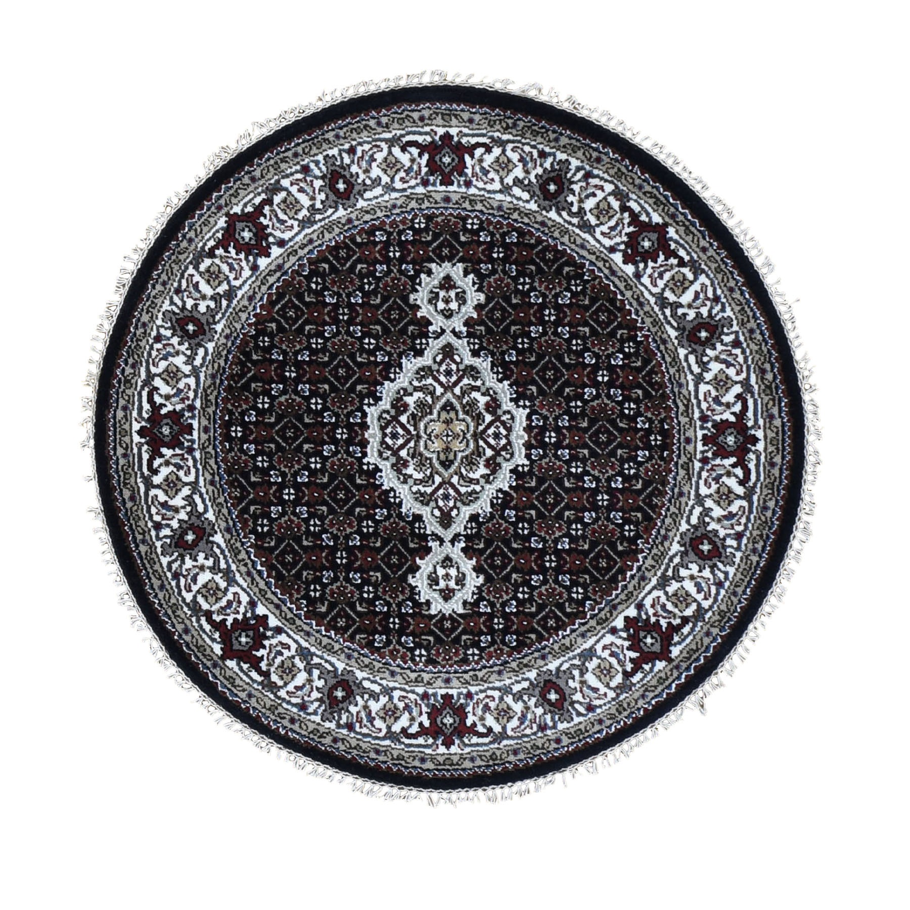 3-x3- Round Black Tabriz Mahi Wool and Silk Hand Knotted Oriental Rug 