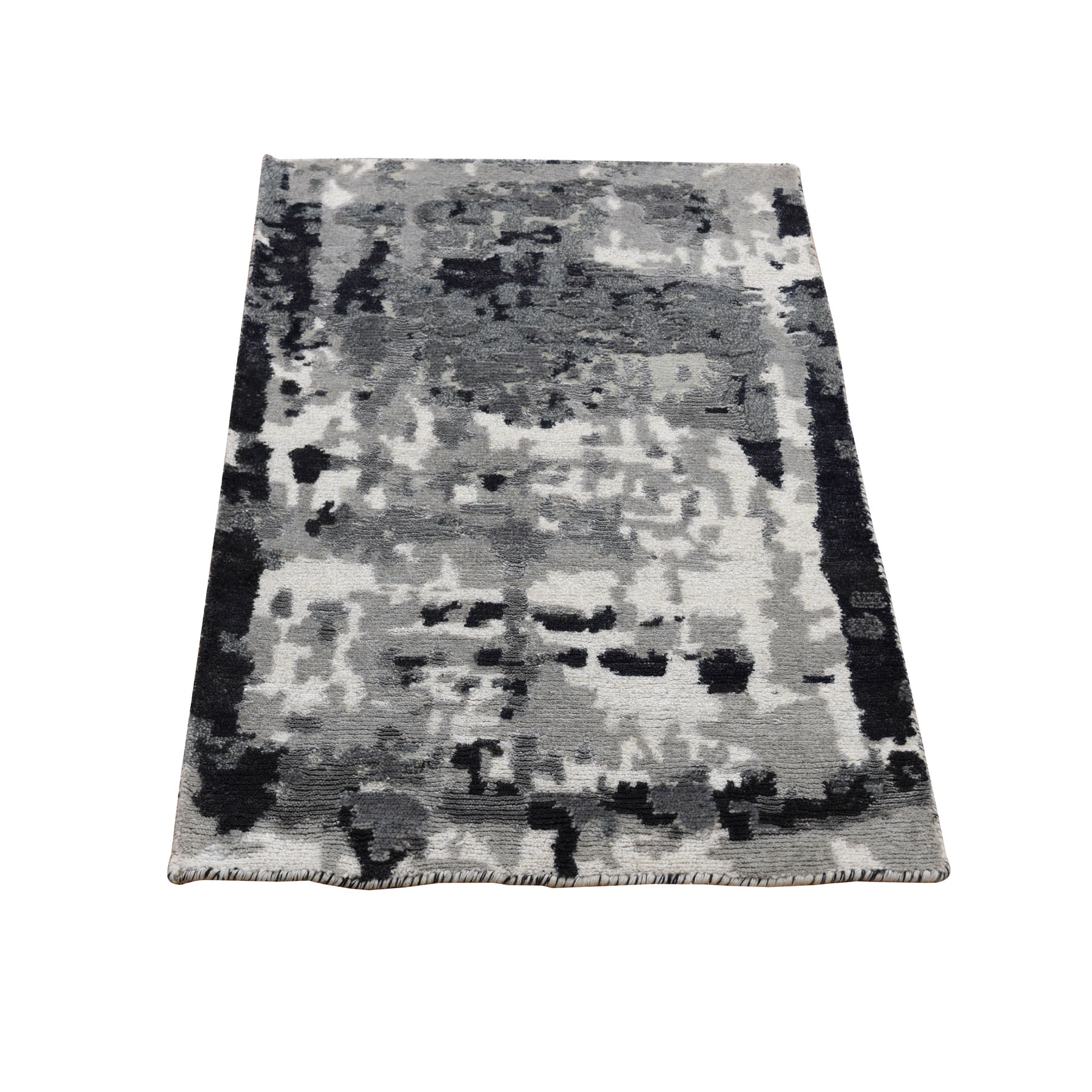 2'X3' Black Abstract Design Hi-Lo Pile Wool And Silk Hand Knotted Oriental Rug moad8aac