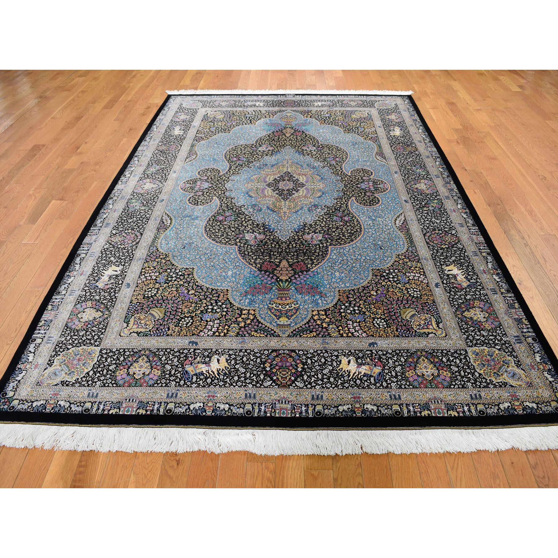 6-6 x10-2  Persian Silk Qum, Signed ,600 KPSI, Horse Carriages ,Kings, Hand Knotted Oriental Rug 
