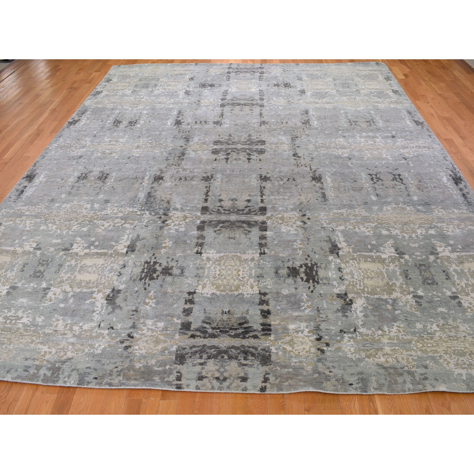 11-10 x14-10   Oversized Silver Abstract Design Hi-Lo Pile Wool And Silk Hand Knotted Oriental Rug 