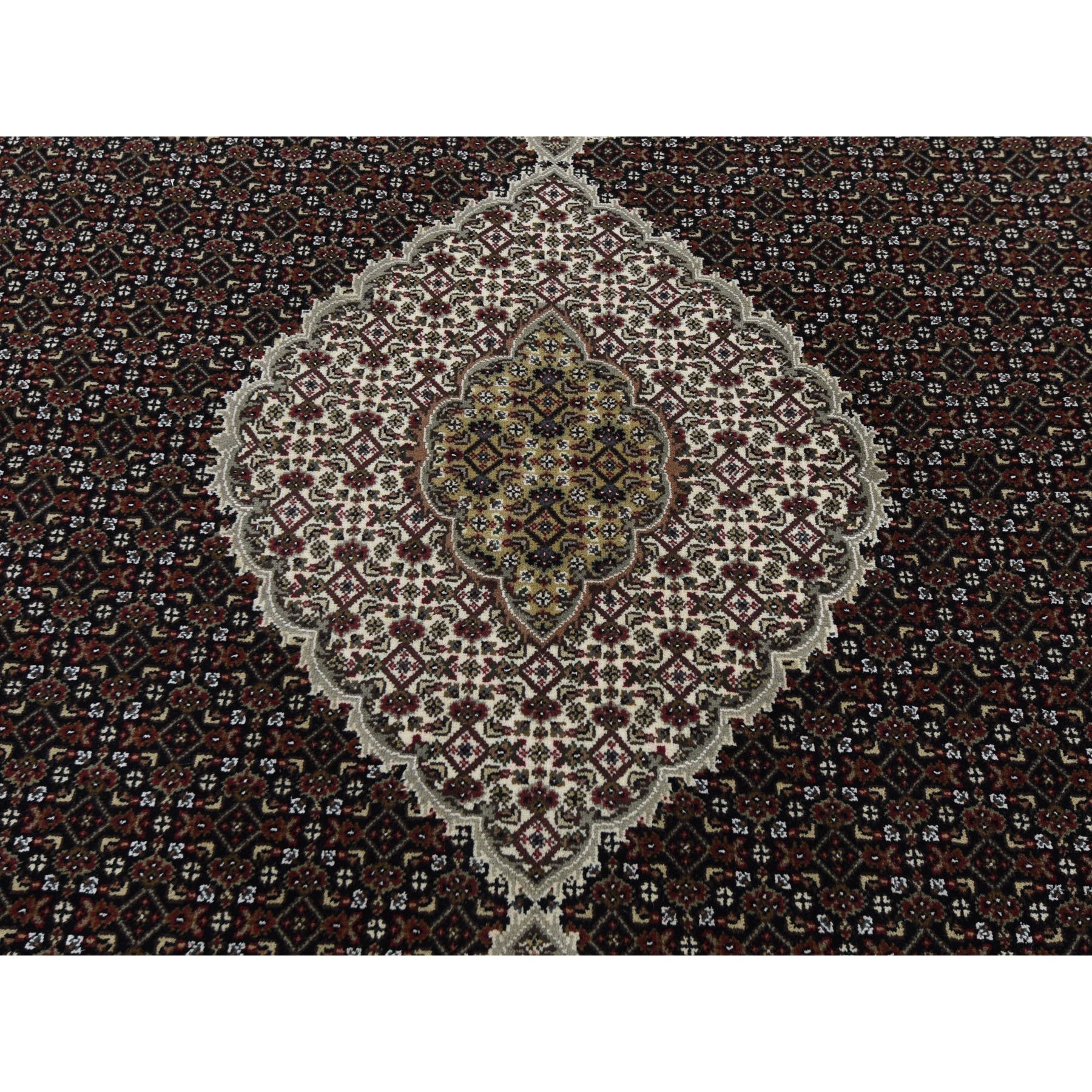 7-9 x7-9  Black Wool And Silk Tabriz Mahi Design Round Hand Knotted Oriental Rug 