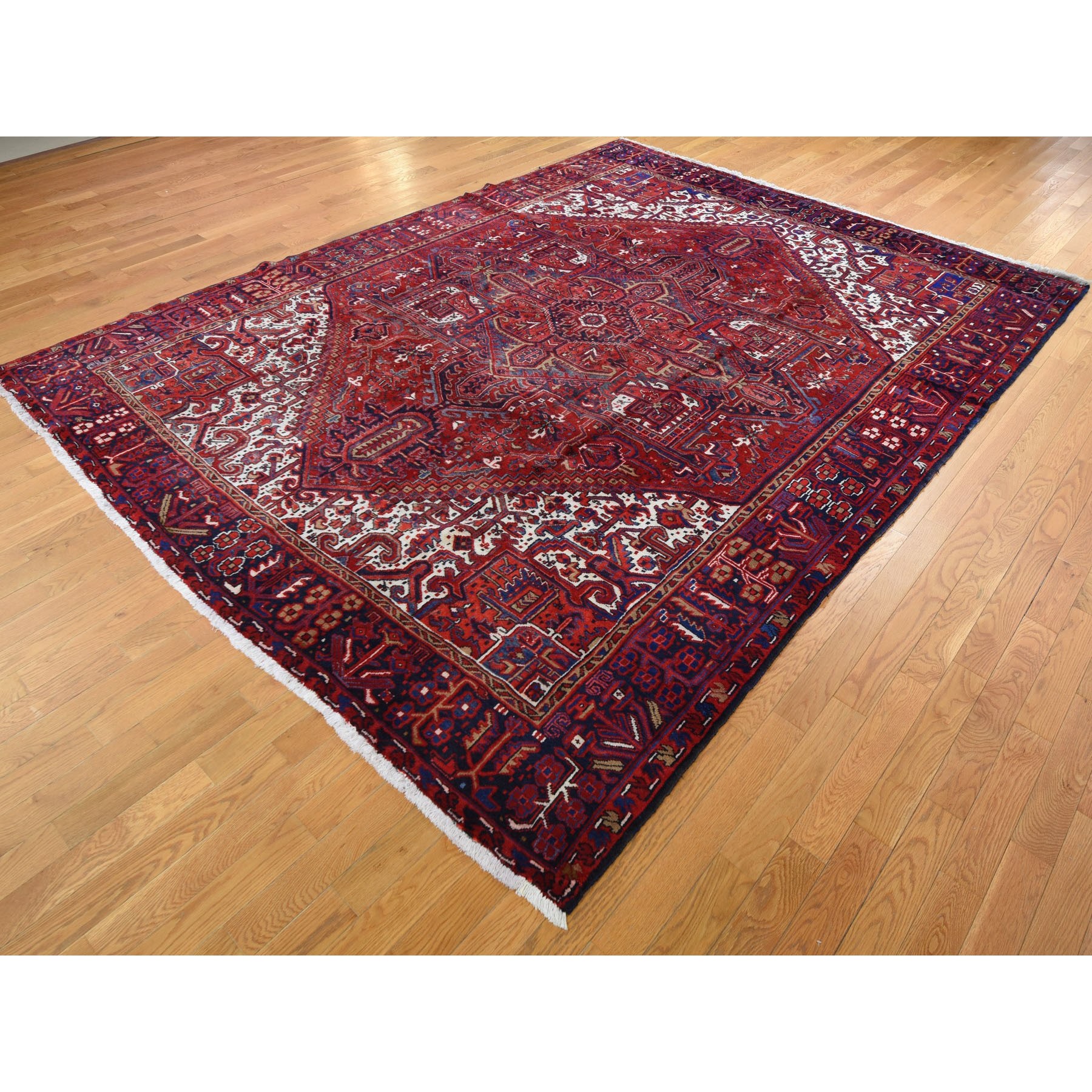 8-7 x11-6  Red Semi Antique Persian Heriz Geometric Design Thick and Plush Hand Knotted Oriental Rug 