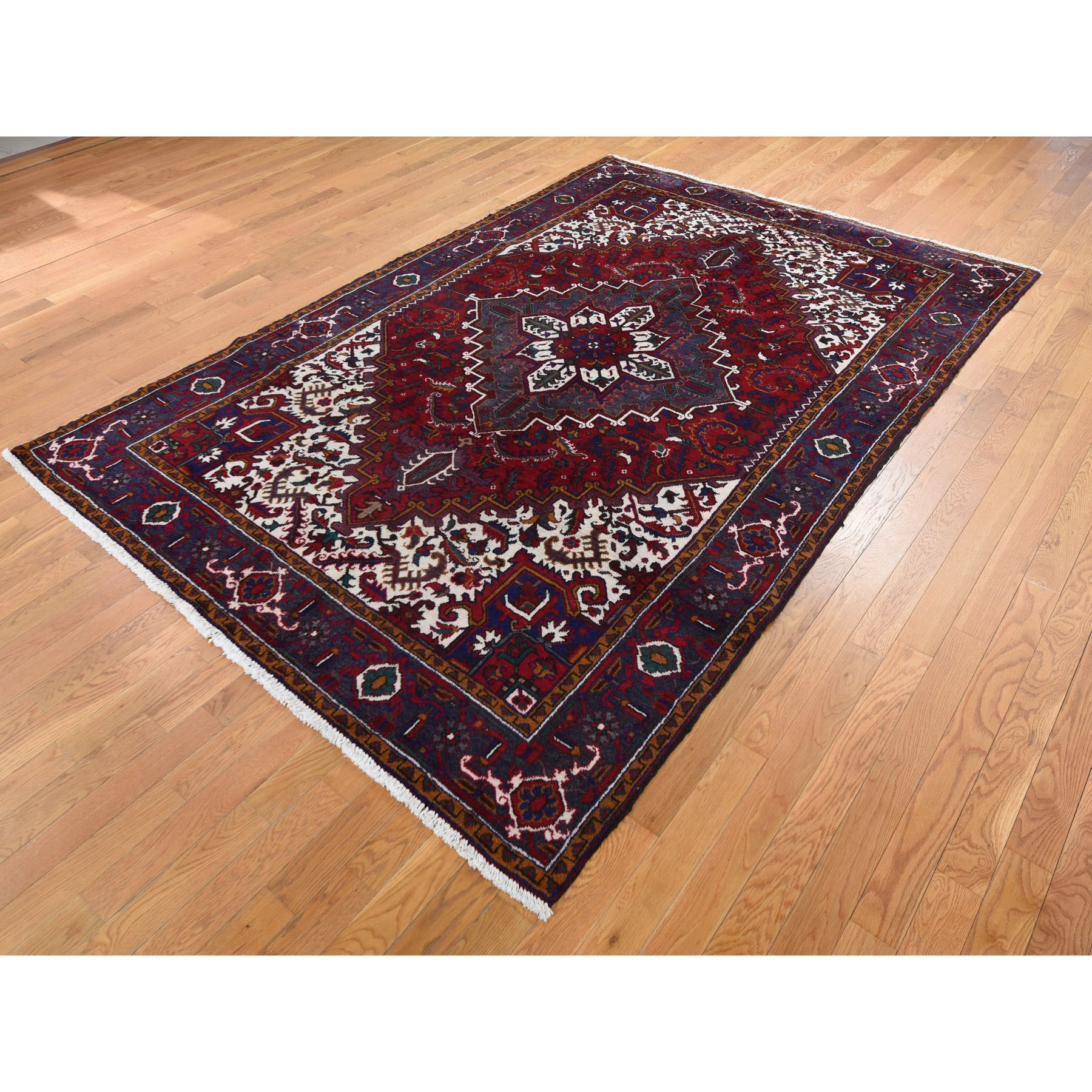 6-6 x9-5  Red Semi Antique Persian Heriz Geometric Design Thick and Plush Hand Knotted Oriental Rug 