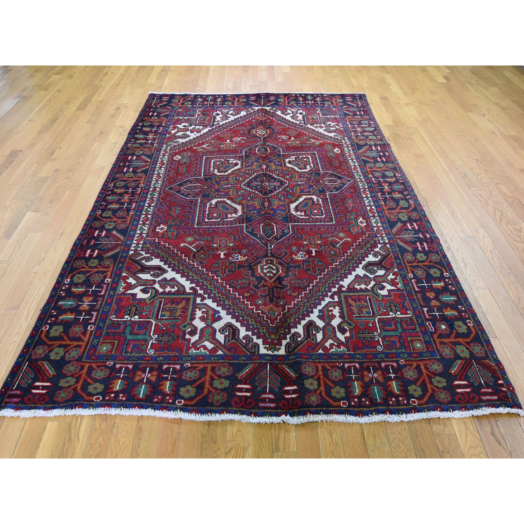 6-6 x9-3  Red Semi Antique Persian Heriz Geometric Design Thick and Plush Hand Knotted Oriental Rug 