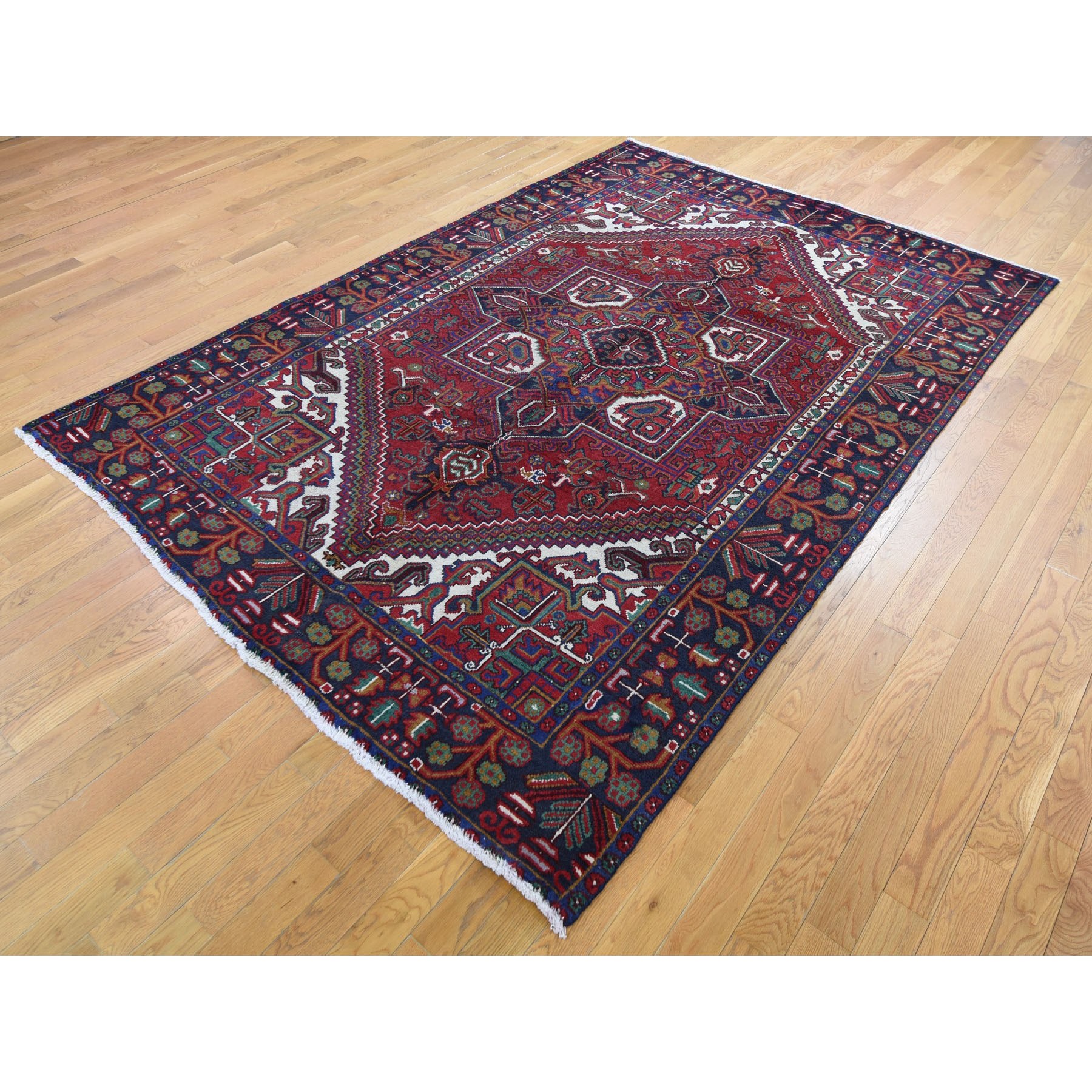 6-6 x9-3  Red Semi Antique Persian Heriz Geometric Design Thick and Plush Hand Knotted Oriental Rug 