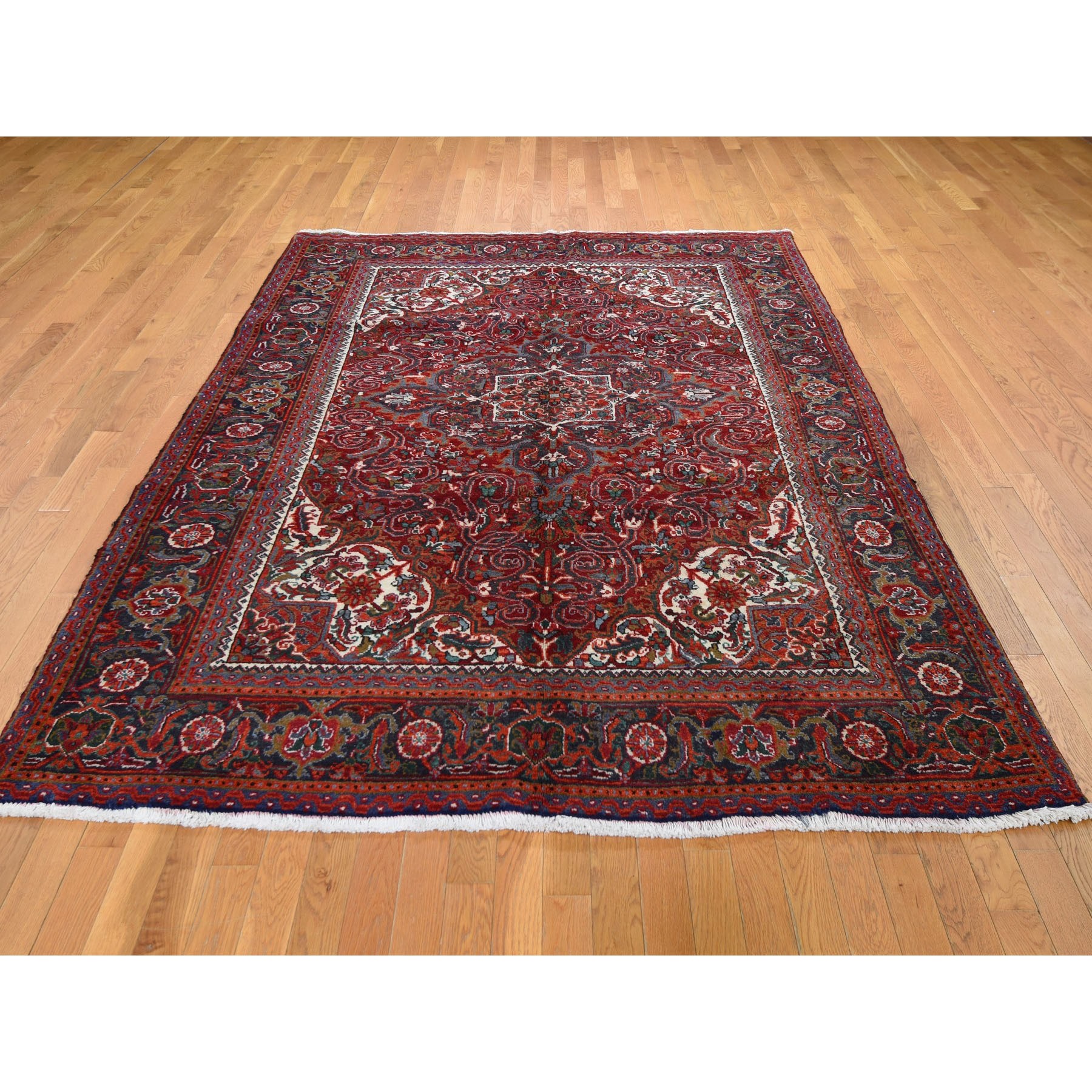 6-10 x9-8  Red Semi Antique Persian Heriz Flower Design Thick and Plush Hand Knotted Oriental Rug 