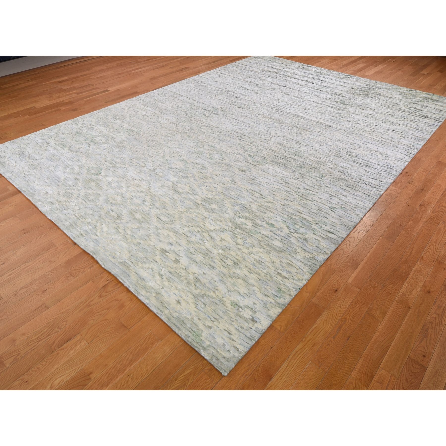 9-10 x14- Ivory Pure Silk With Textured Wool Fluffy Collection Hand Knotted Oriental Rug 