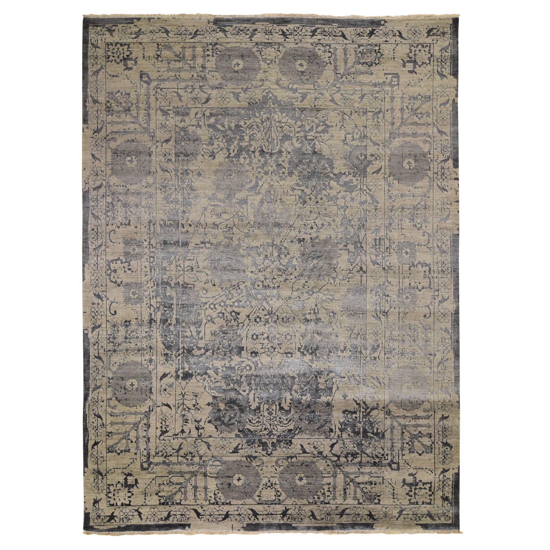 9-1 x12- Gray Wool And Silk Transitional Erased Persian Design Hand Knotted Oriental Rug 