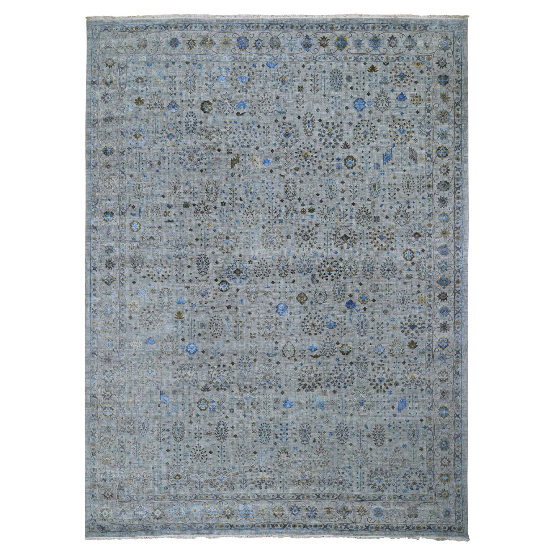 9'2"X12'1" Gray All Over Ornamental Design Silk With Textured Wool Hand Knotted Oriental Rug moad8ce9