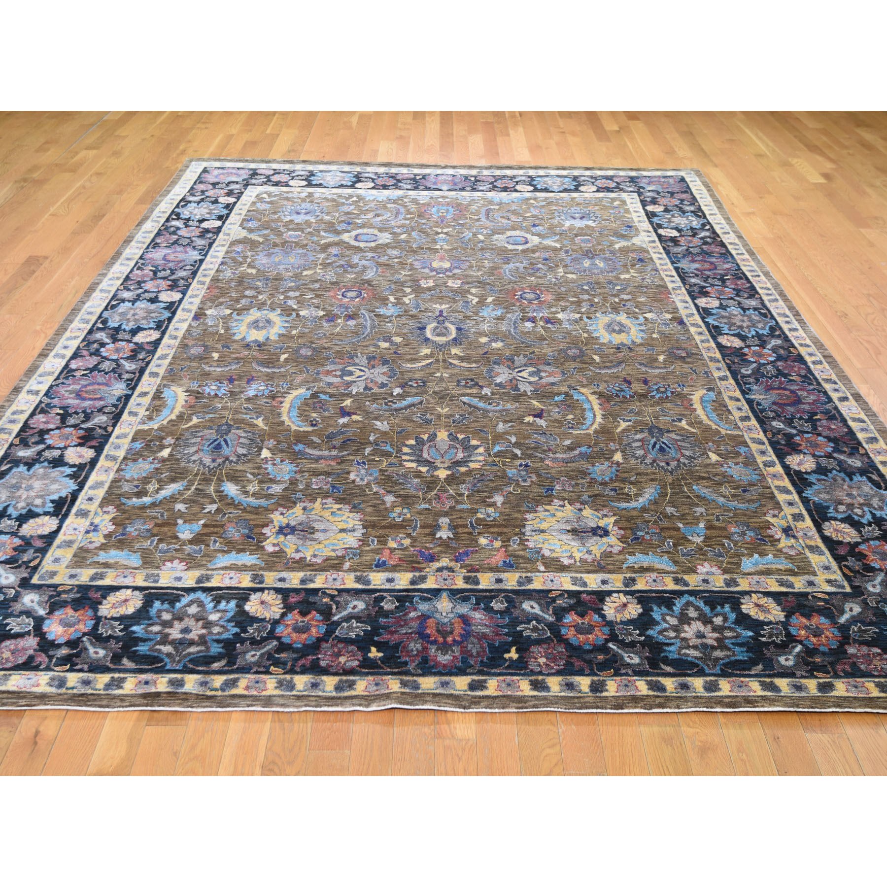 8-10 x12- Brown Silk With Textured Wool Persian Design Hand Knotted Oriental Rug 