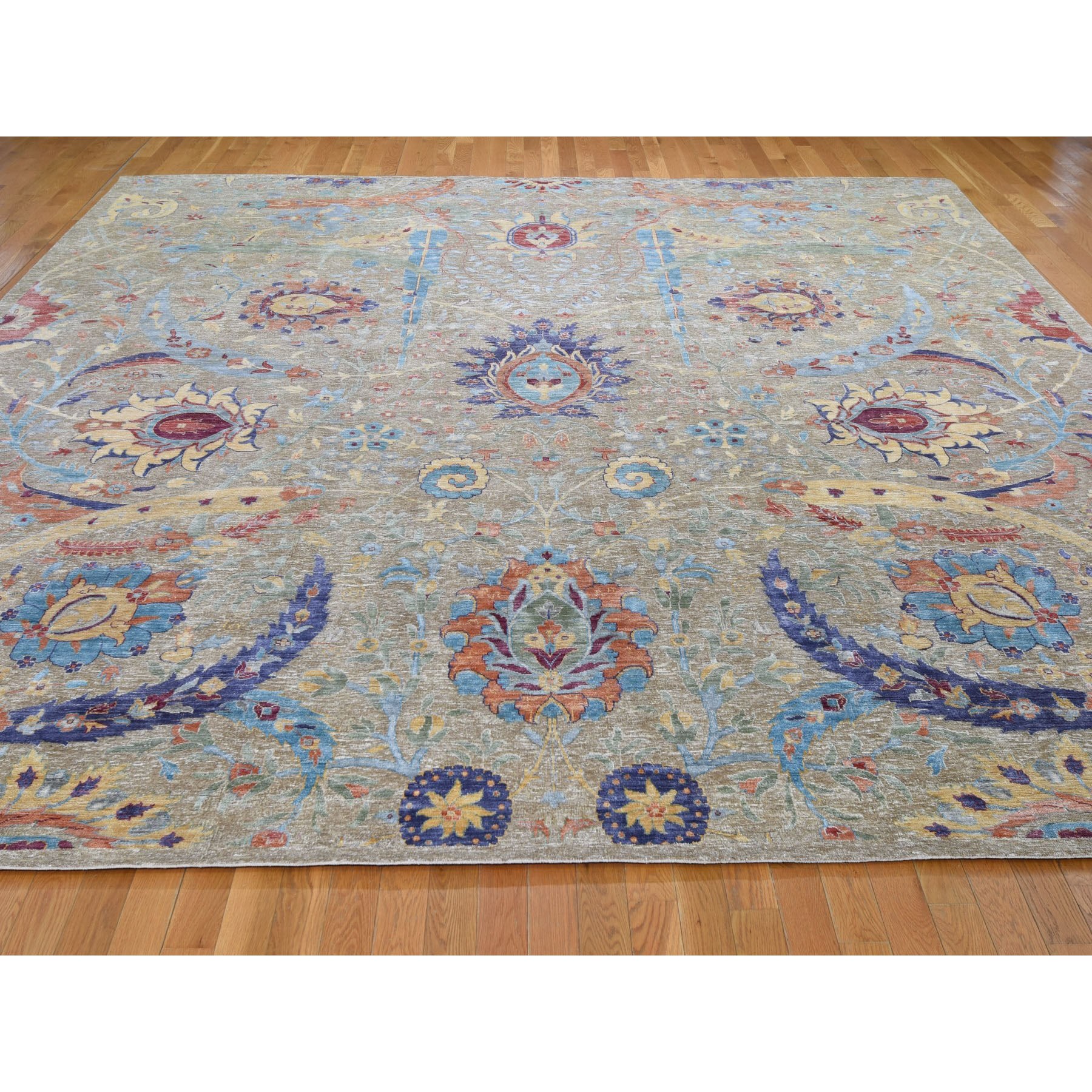 12-4-x12-4  Square Hand Knotted Sickle Leaf Design Silk With Textured Wool Oriental Rug 