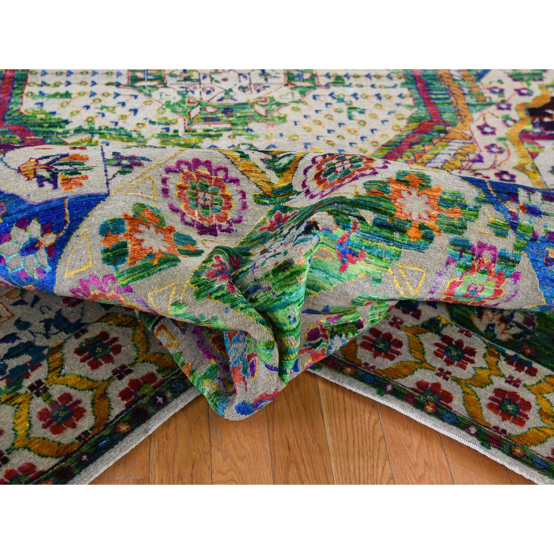 7-10 x10- Colorful Sari Silk Mamluk Design Hand Knotted Oriental Rug 