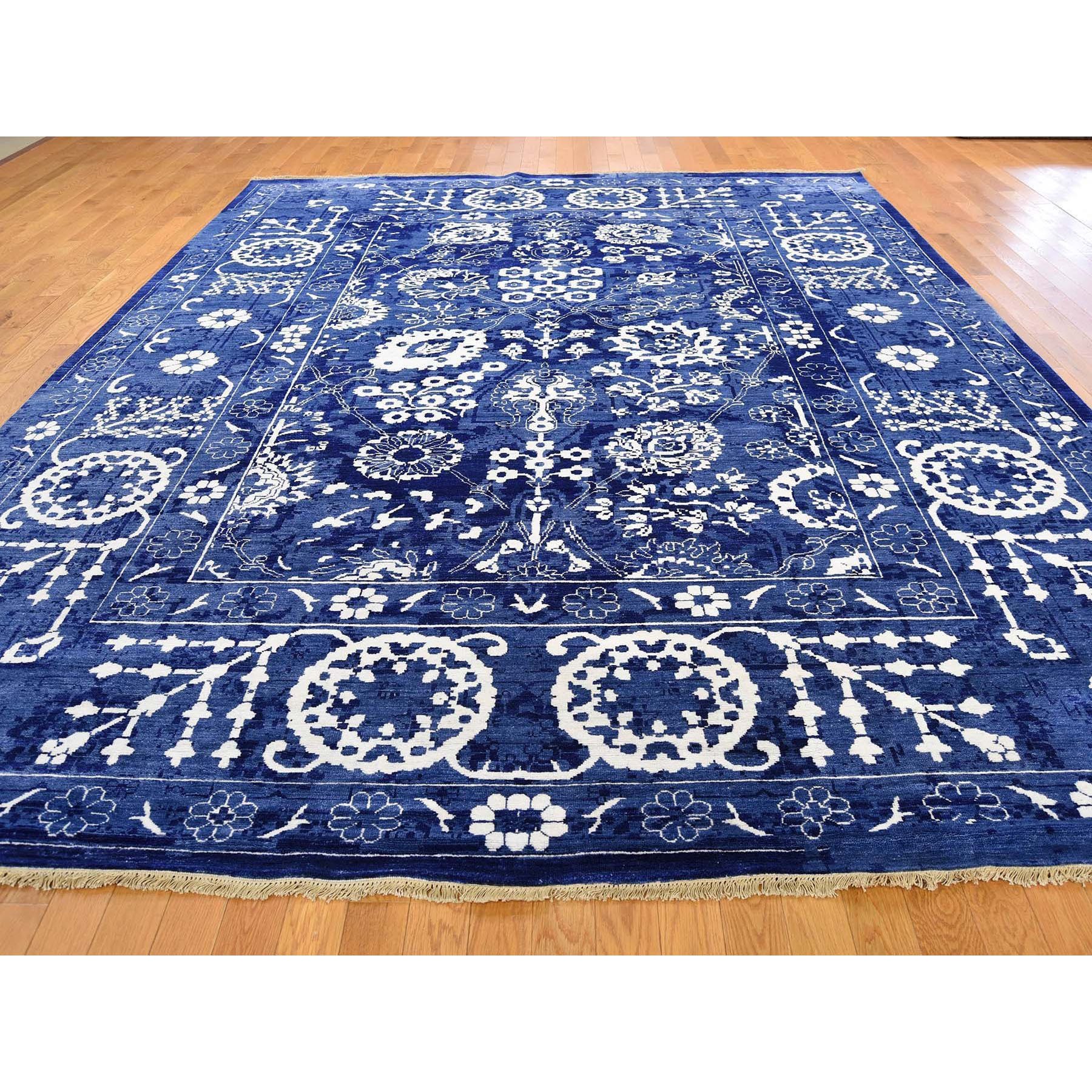 9-1 x12-1  Blue Wool And Silk Tone On Tone Tabriz Oriental Hand Knotted Rug 