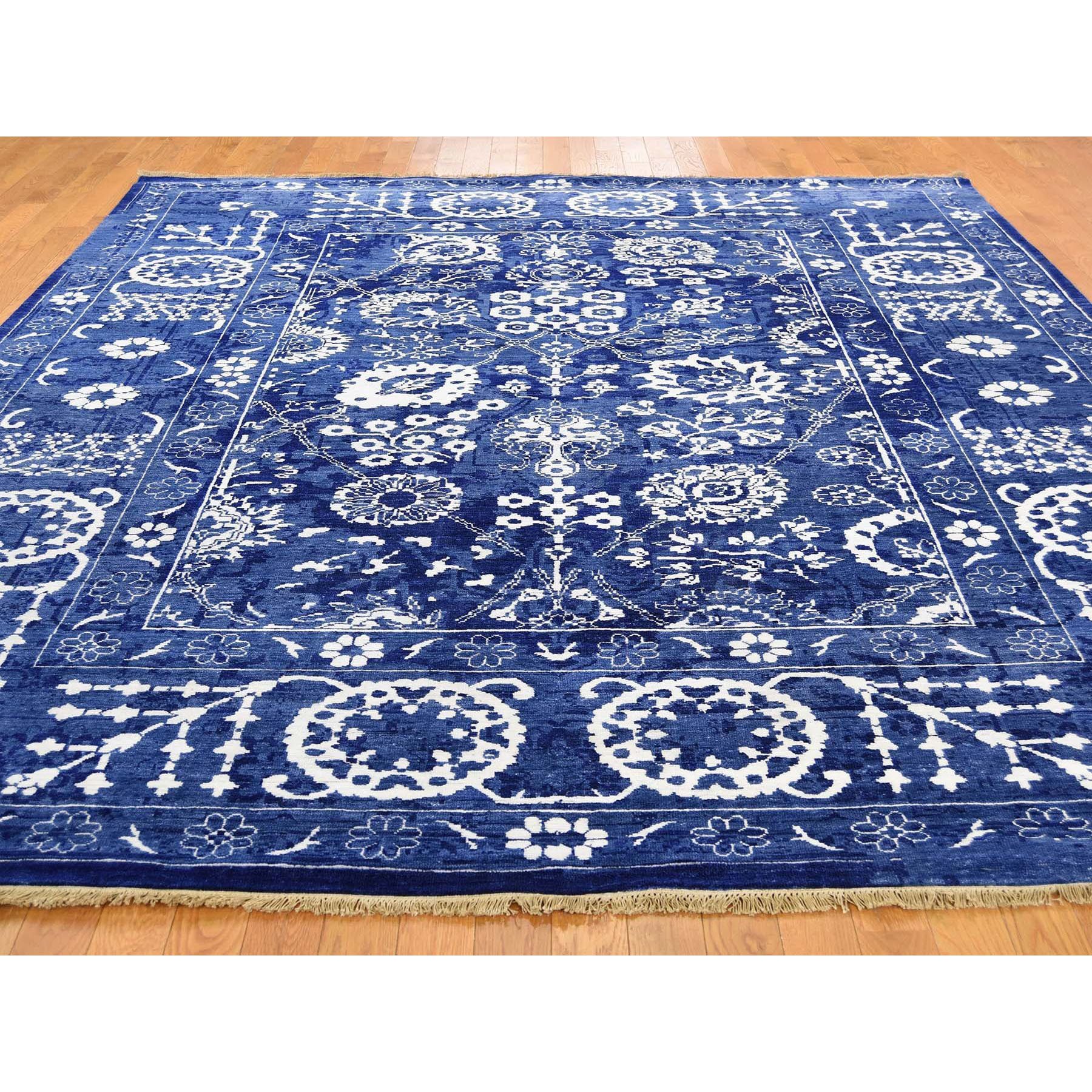 8-1 x10-1  Blue Wool And Silk Tone On Tone Tabriz Oriental Hand Knotted Rug 
