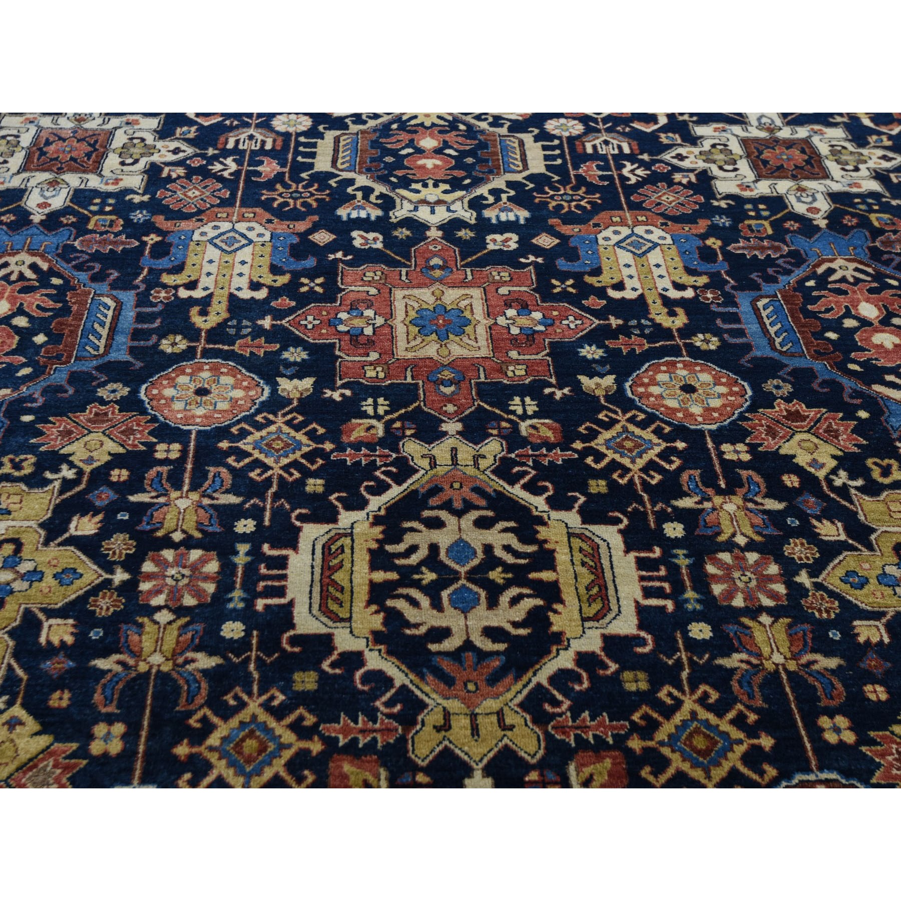 10-1 x14-1  Navy Blue Antiqued Heriz Re-Creation Karajeh Pure Wool Some Wear Hand Knotted Oriental Rug 