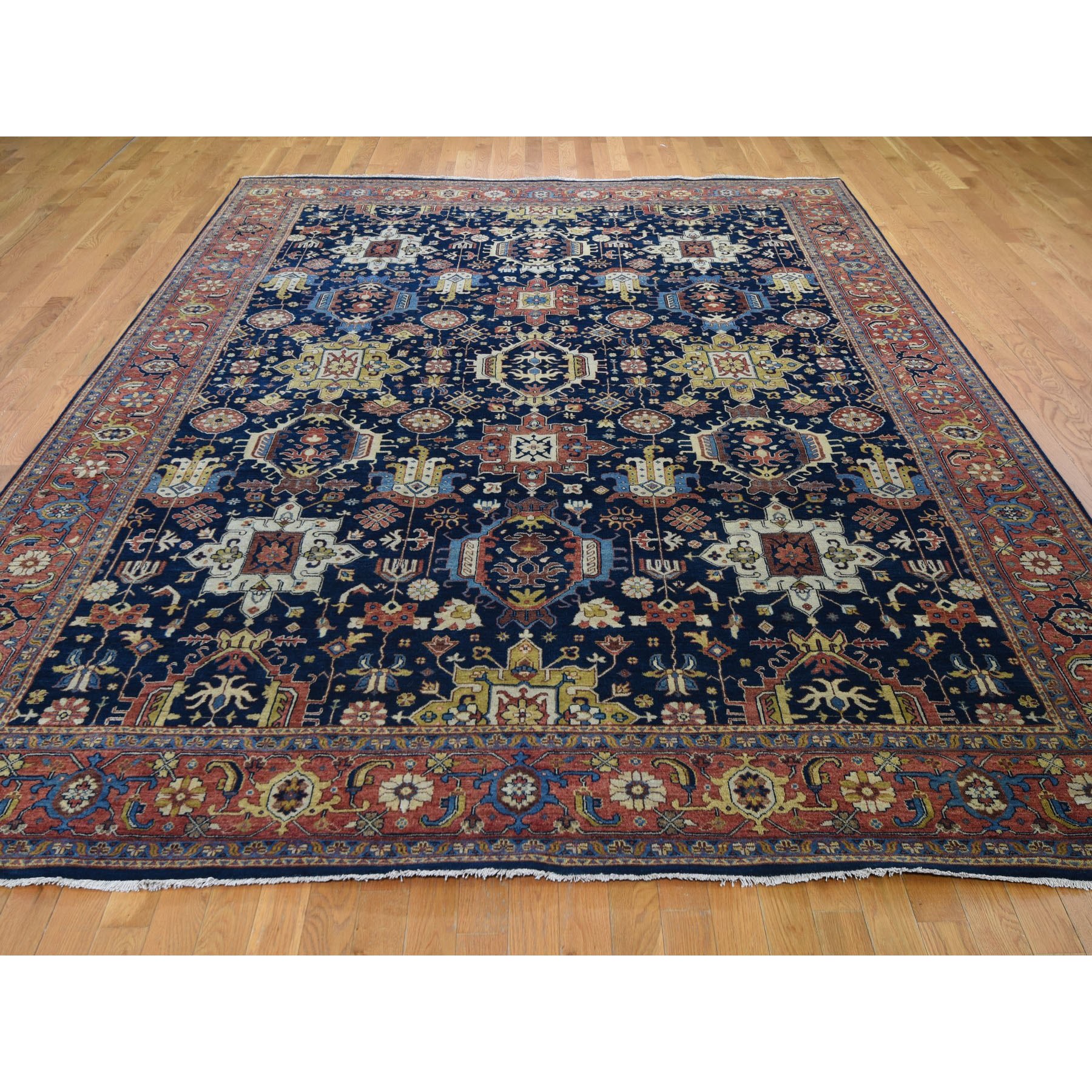 9-x12-2  Navy Blue Antiqued Heriz Re-Creation Pure Wool Hand Knotted Oriental Rug 