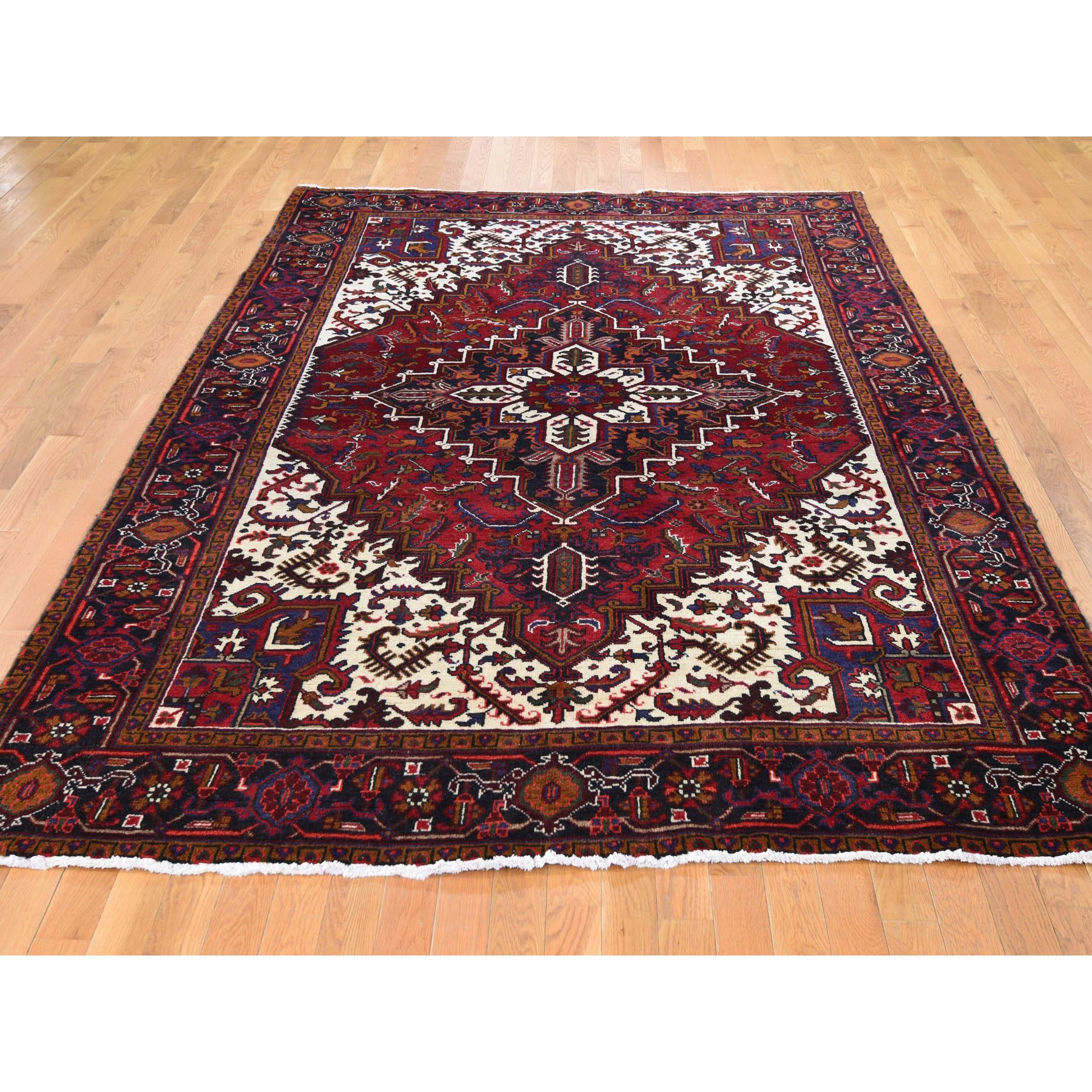 6-8 x9-8  Vintage Persian Heriz Full Pile Thick And Plush Geometric Design Hand Knotted Oriental Rug 
