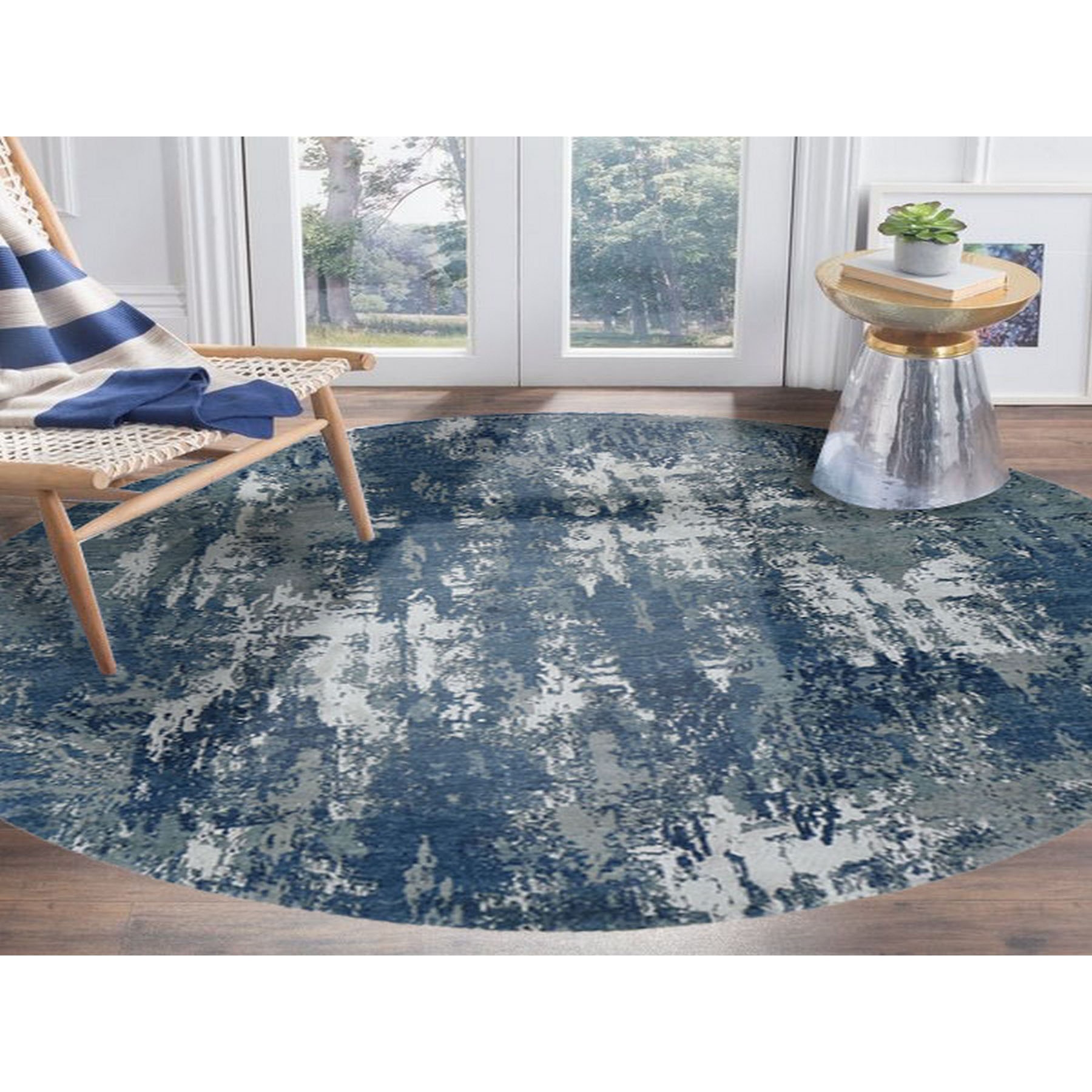 8-1 x8-1  Blue Abstract Design Wool and Pure Silk Hand Knotted Round Oriental Rug 