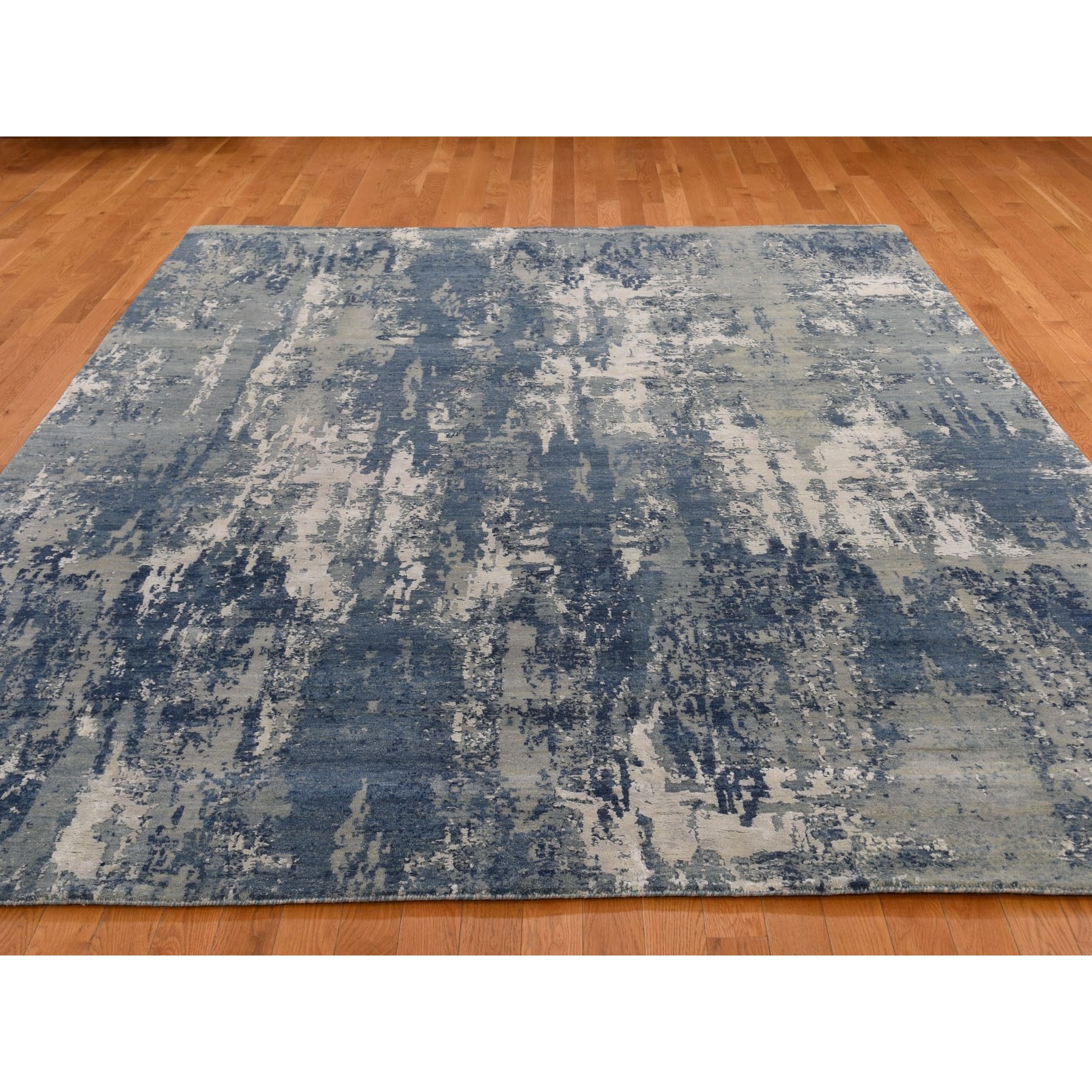 8-x10-3  Blue Abstract Design Wool And Pure Silk Hand Knotted Oriental Rug 