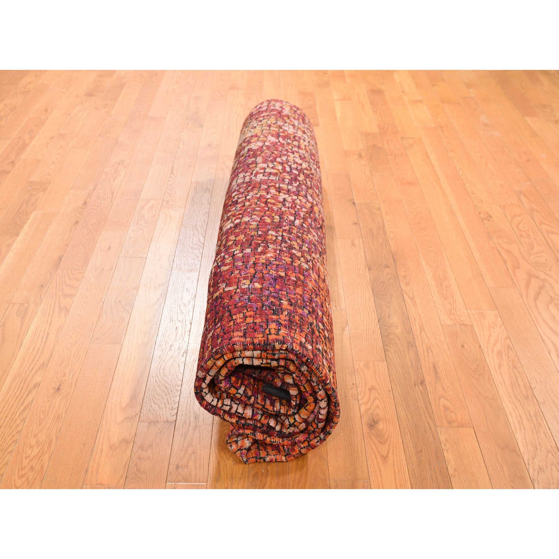 8-10 x12- Burnt Orange Mosaic Design Silk With Textured Wool Hand Knotted Oriental Rug 