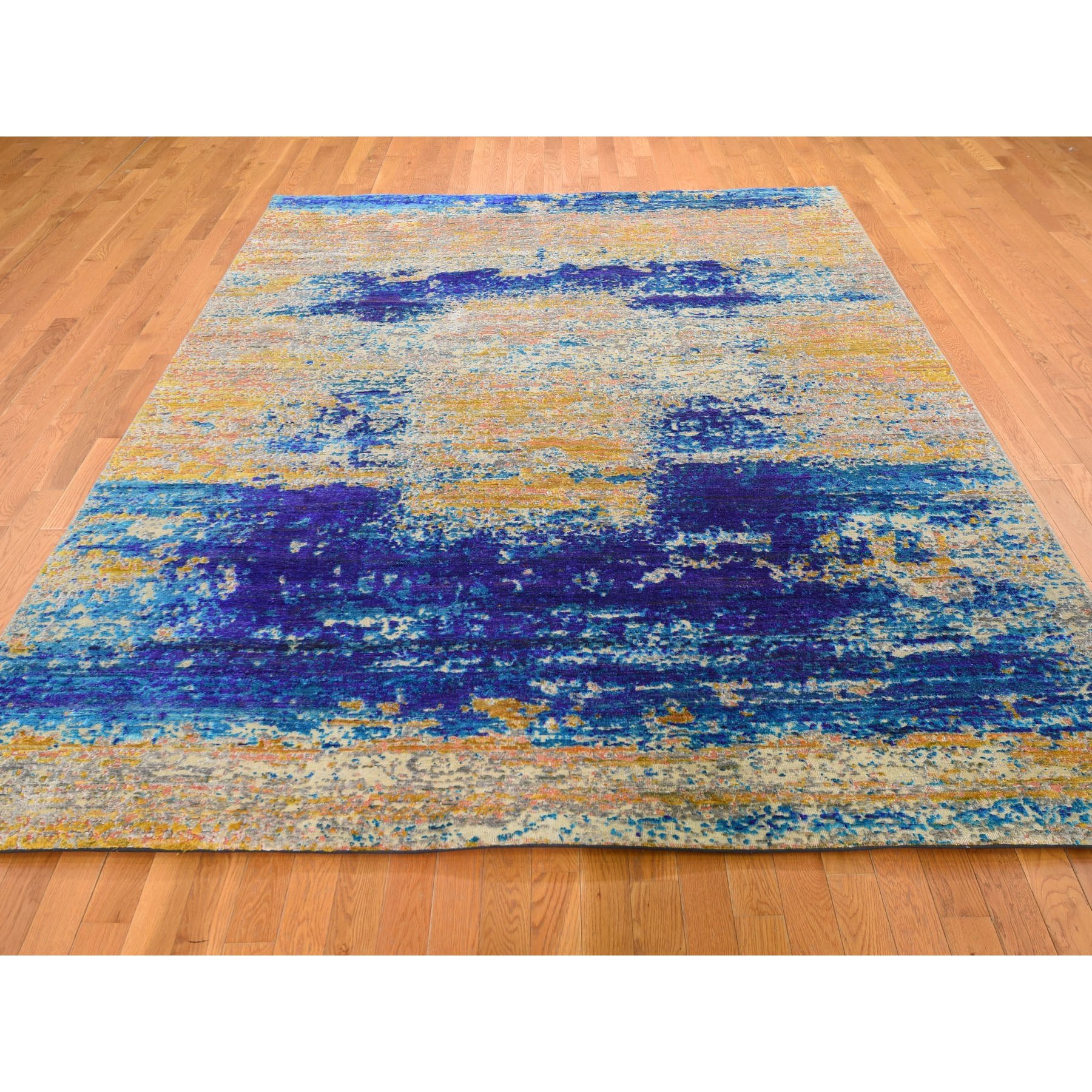 7-10 x10- Yellow Sari Silk With Textured Wool Abstract Hand Knotted Oriental Rug 