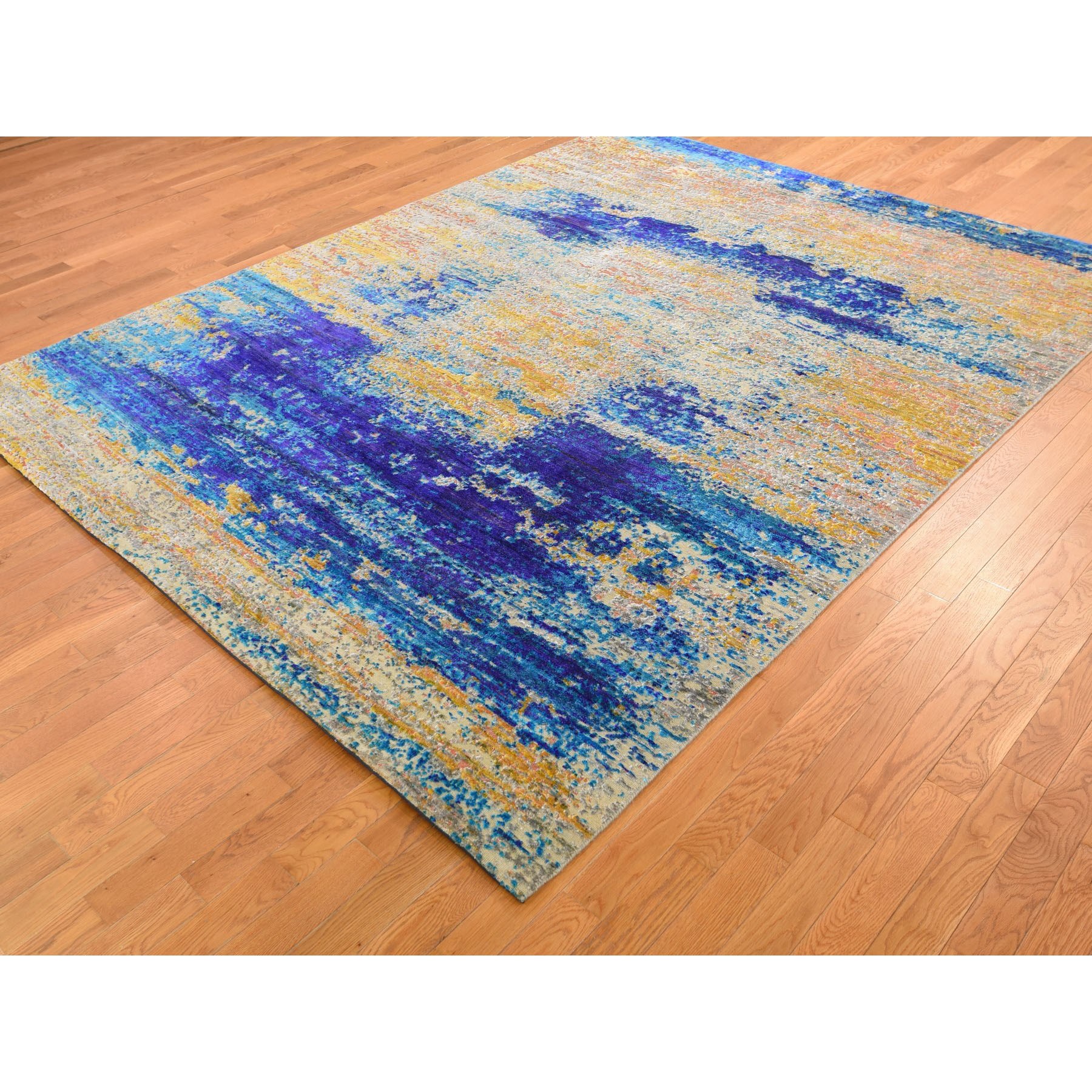 7-10 x10- Yellow Sari Silk With Textured Wool Abstract Hand Knotted Oriental Rug 