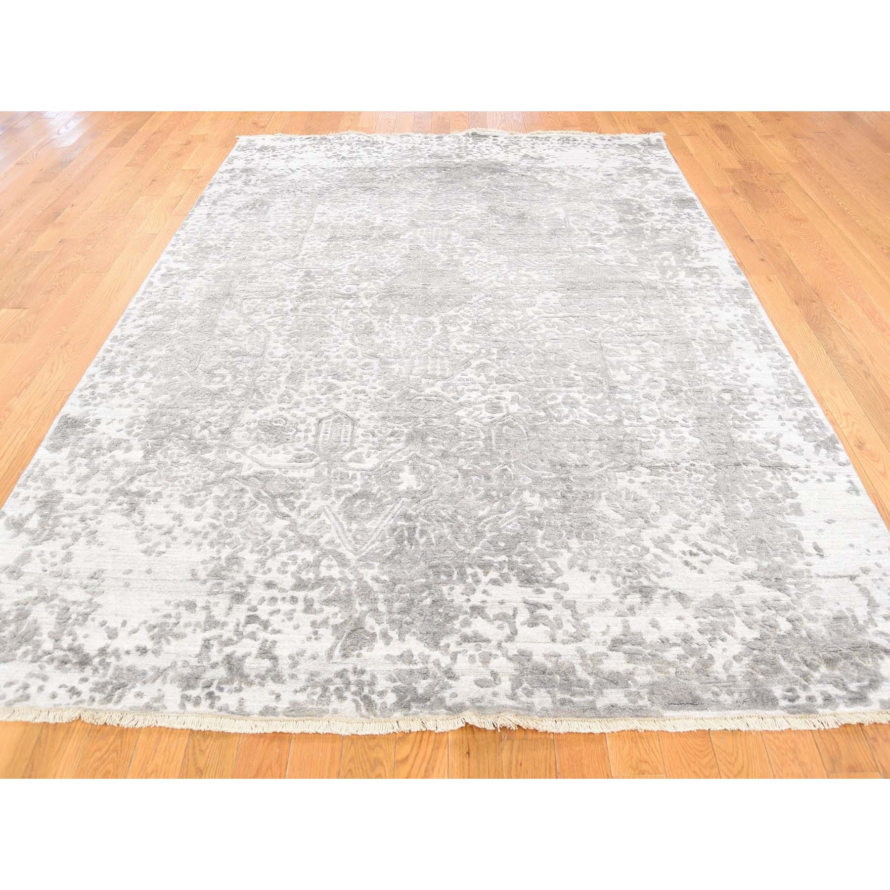 6-x9-1  Broken Persian Design Wool And Pure Silk Grey Hand Knotted Oriental Rug 