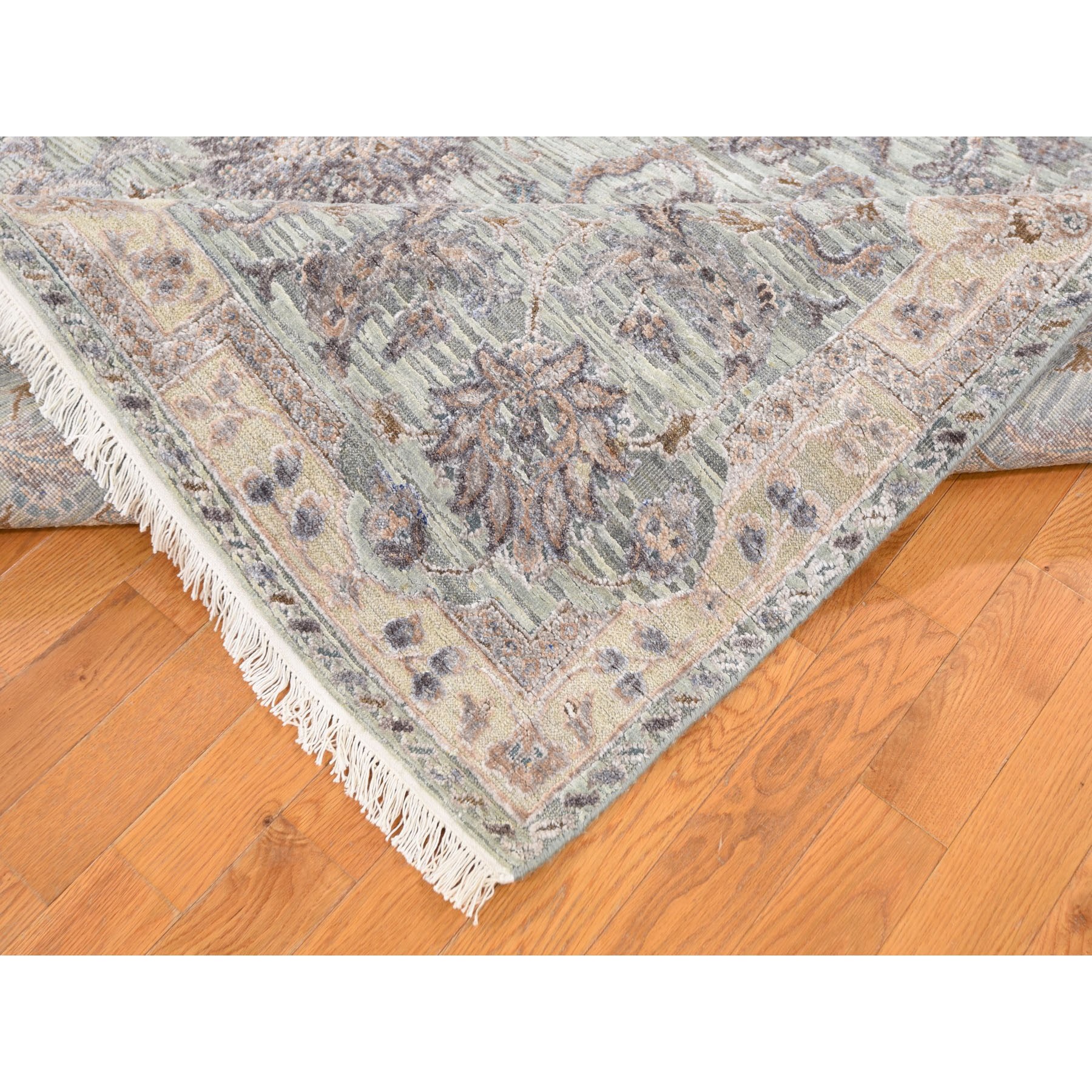 7-10 x10- Light Green Pure Silk With Textured Wool Mughal Design Hand Knotted Oriental Rug 