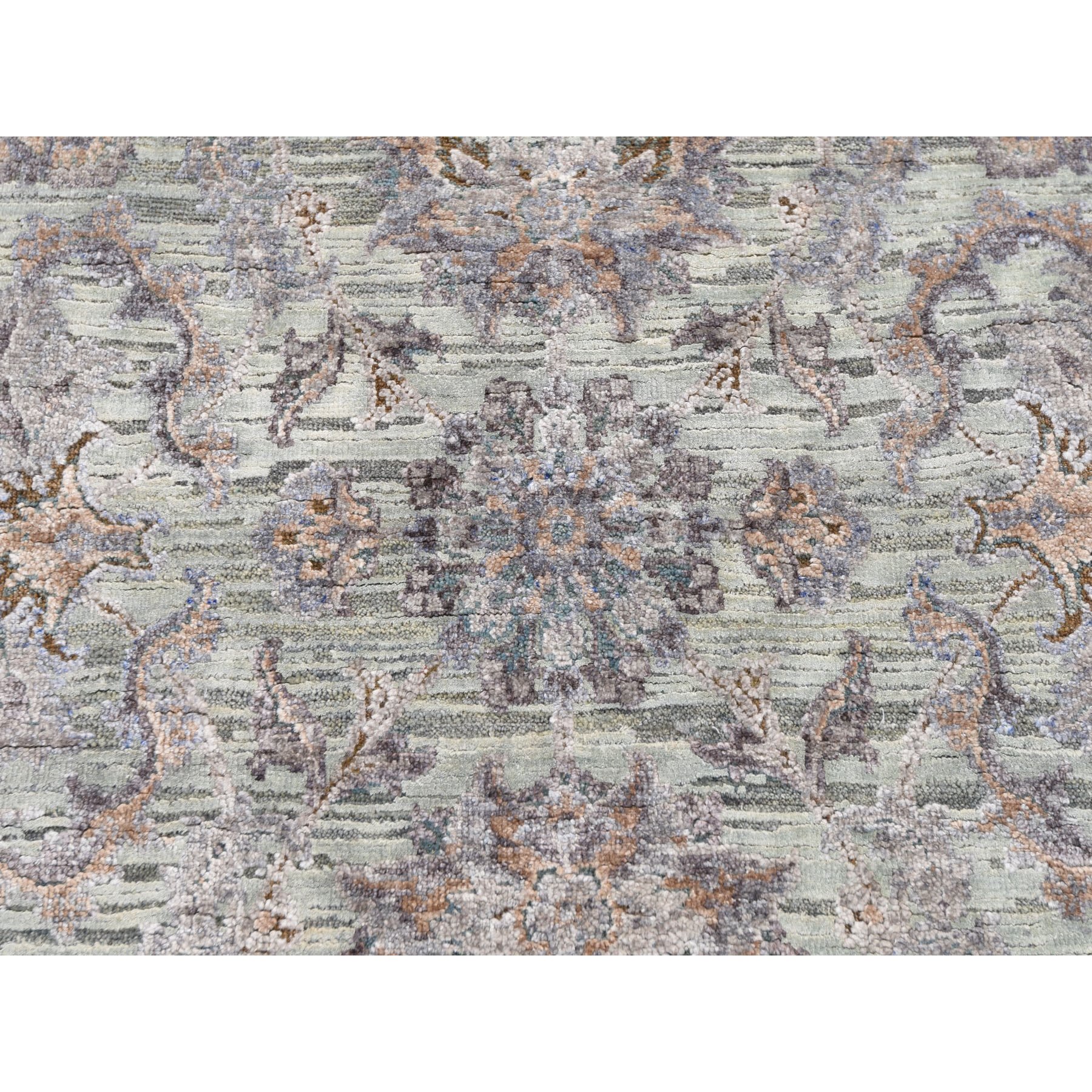 7-10 x10- Light Green Pure Silk With Textured Wool Mughal Design Hand Knotted Oriental Rug 