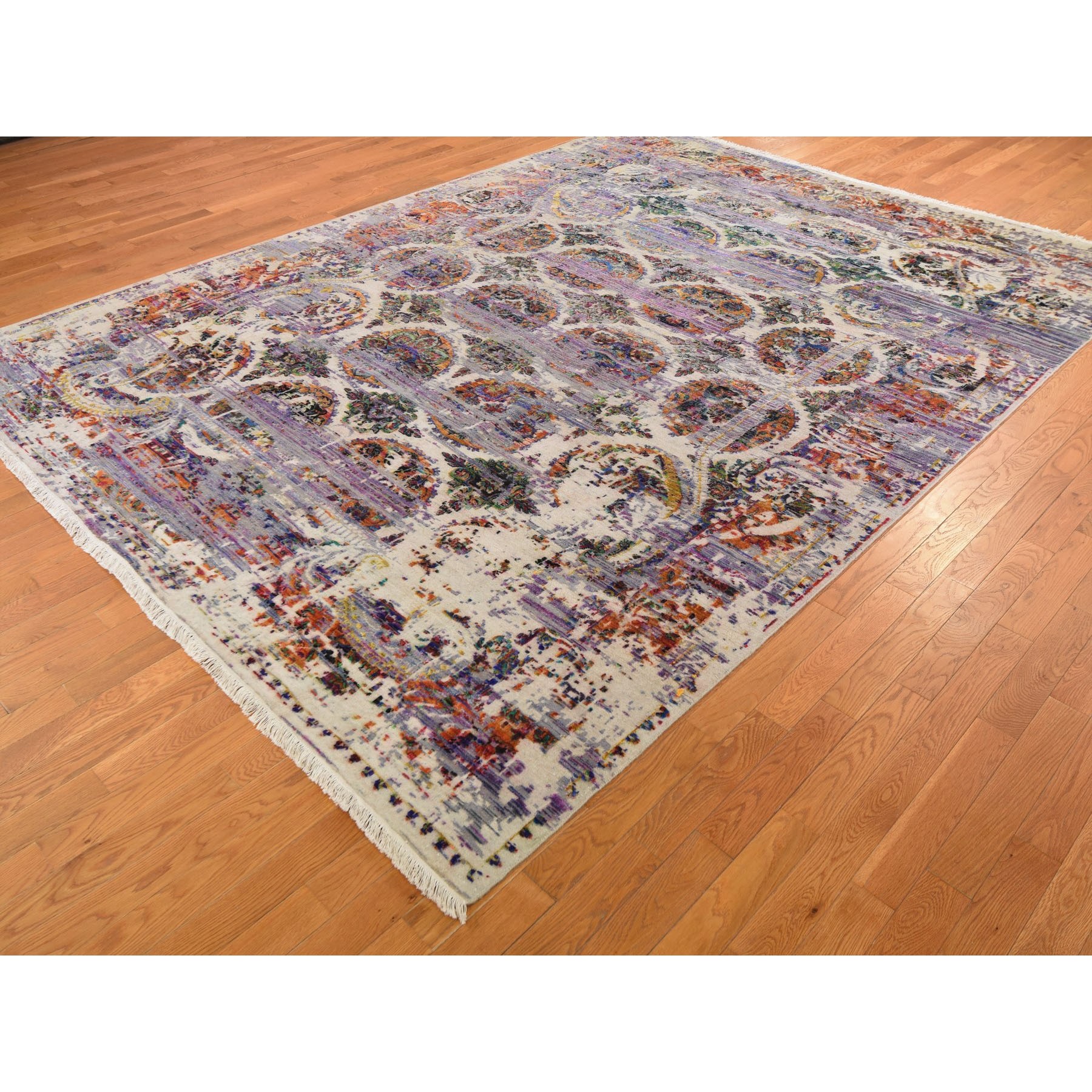9-x12- ERASED ROSSETS, Colorful Sari Silk With Textured Wool Hand Knotted Oriental Rug 
