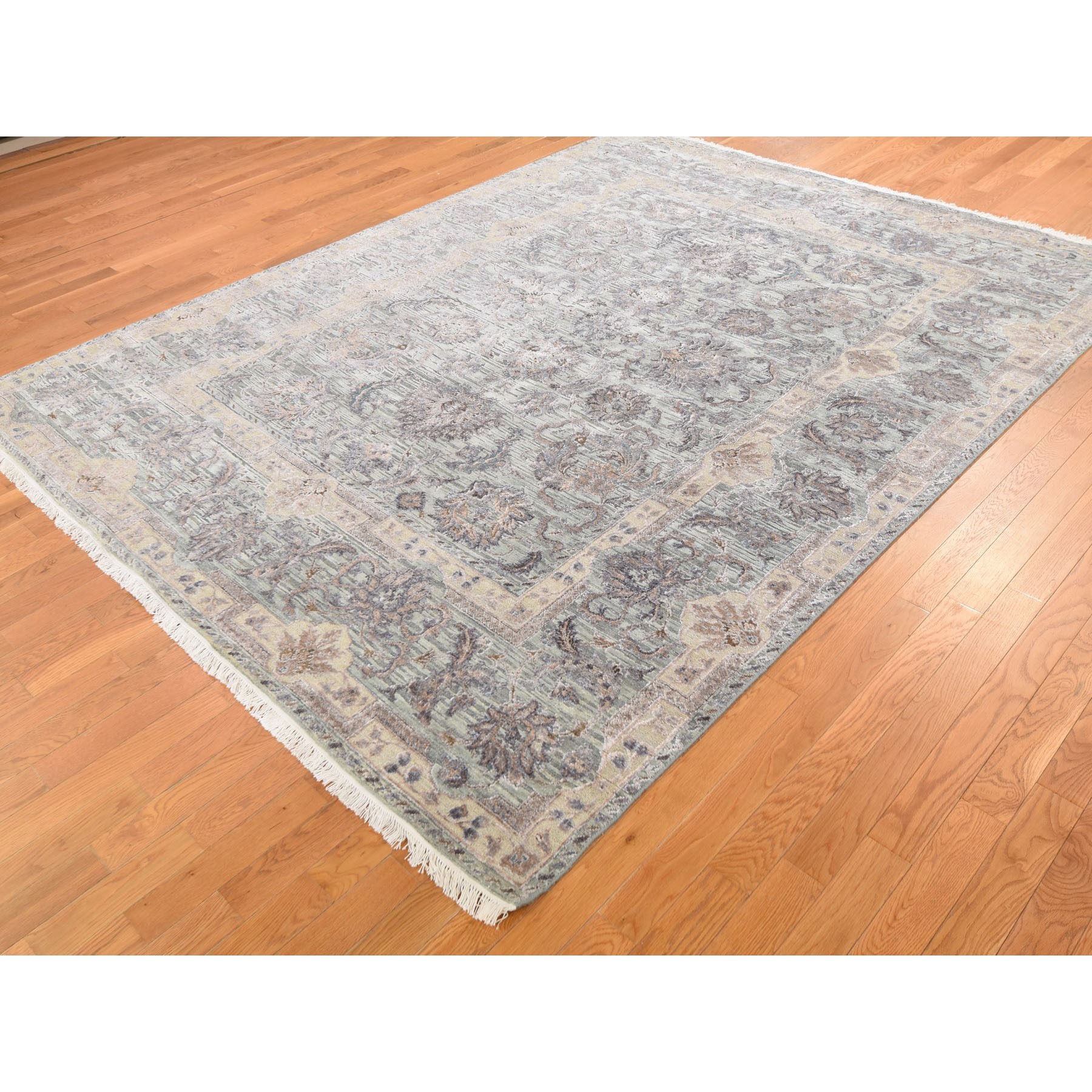 7-10 x10-2  Light Green Pure Silk With Textured Wool Mughal Design Hand Knotted Oriental Rug 