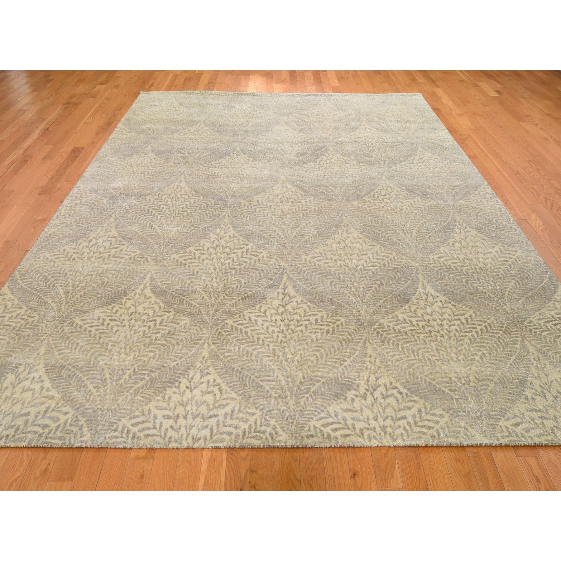 8-10 x12-21  Gold Leaf Design Tone On Tone Pure Silk Hand Knotted Oriental Rug 
