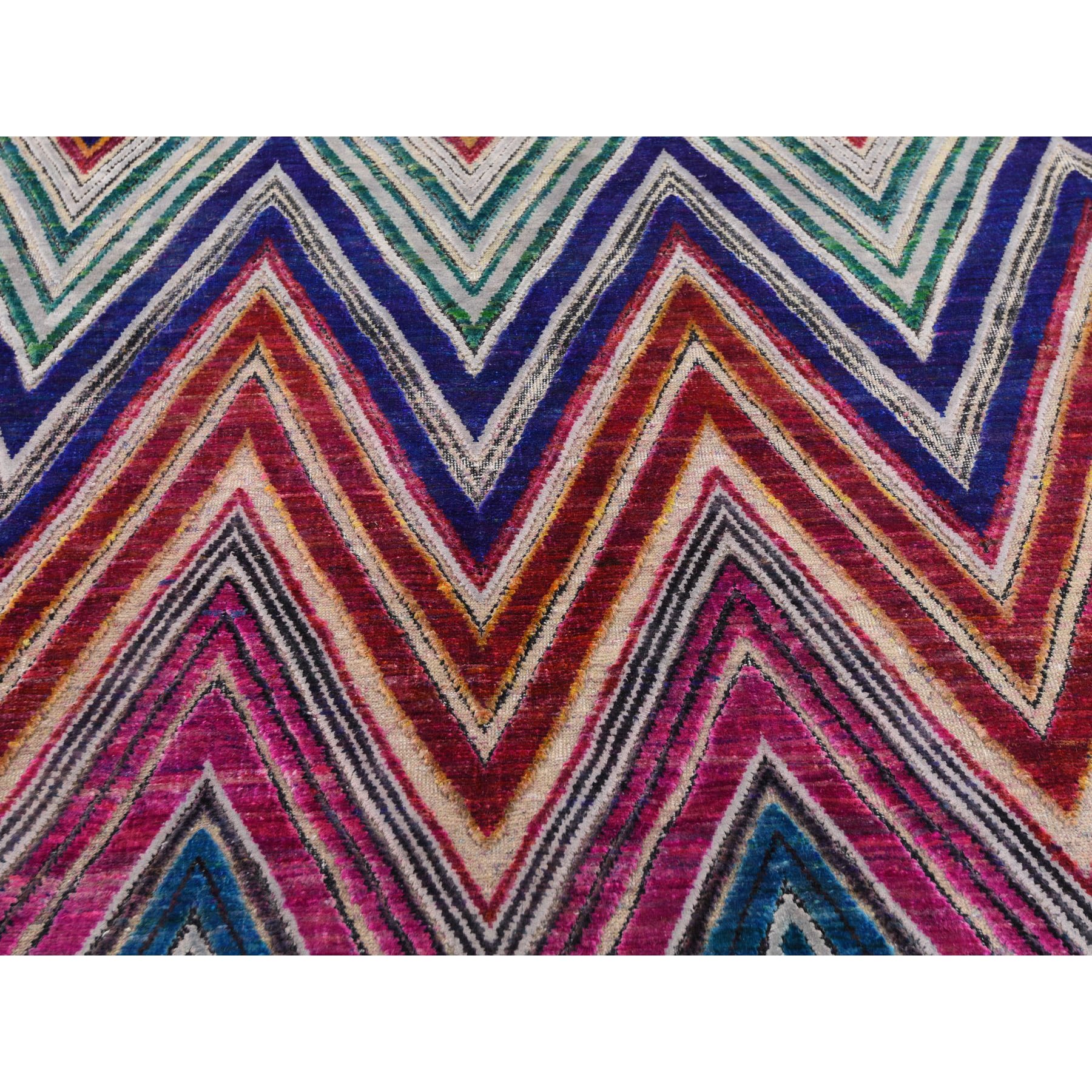 9-x12- Hand Knotted Chevron Design Sari Silk with Textured Wool Oriental Rug 