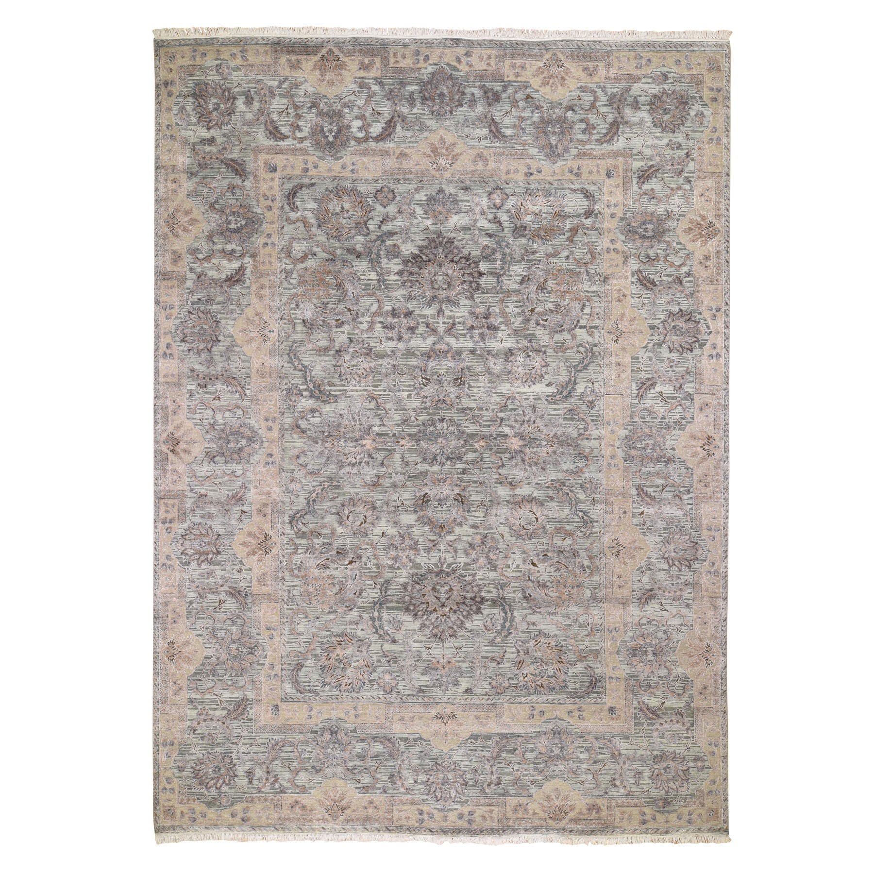 9'X12' Light Green Pure Silk With Textured Wool Mughal Design Hand Knotted Oriental Rug moad8e6c