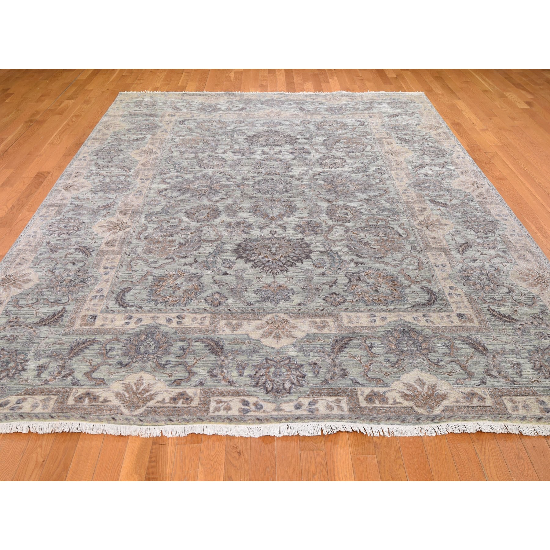 9-x12- Light Green Pure Silk With Textured Wool Mughal Design Hand Knotted Oriental Rug 