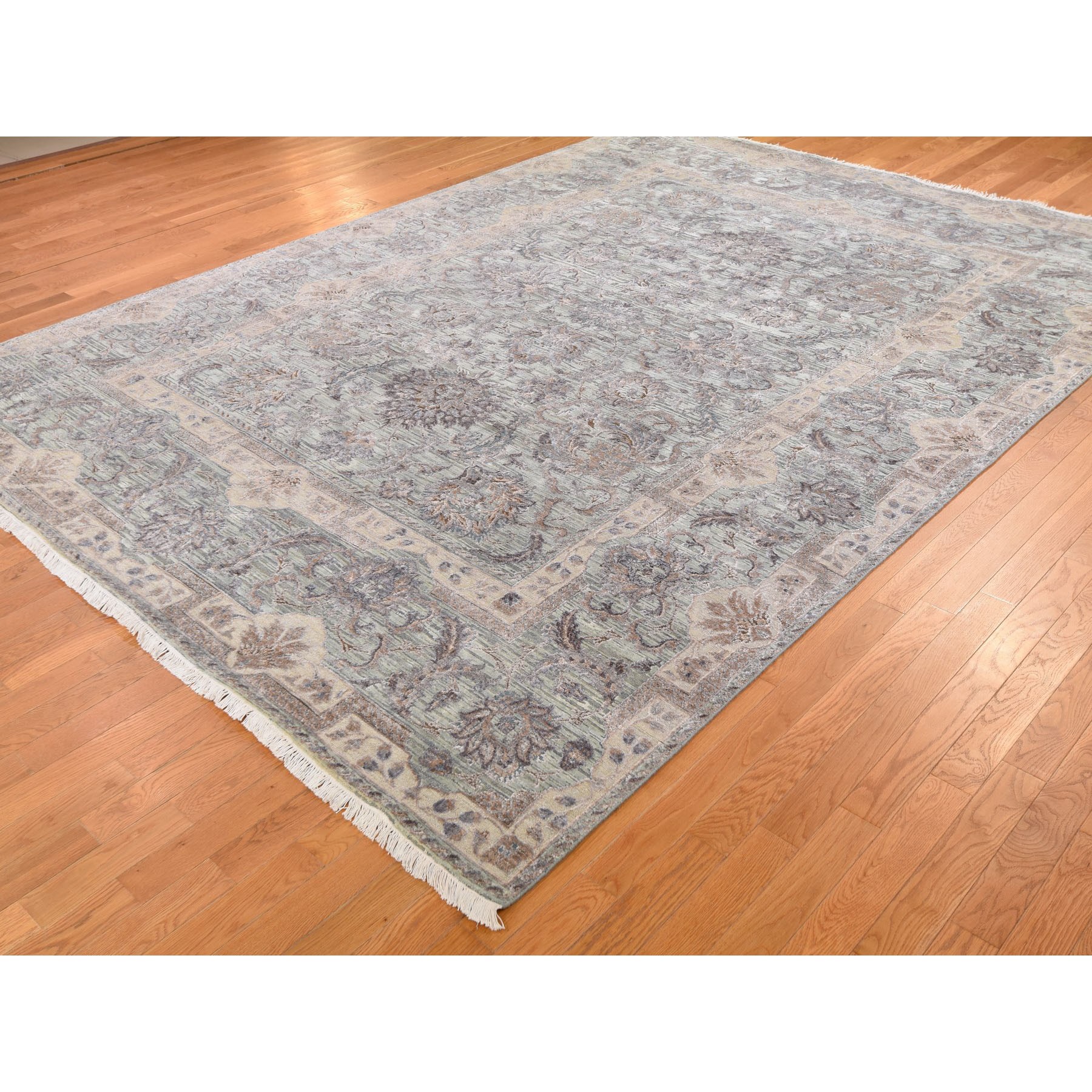 9-x12- Light Green Pure Silk With Textured Wool Mughal Design Hand Knotted Oriental Rug 