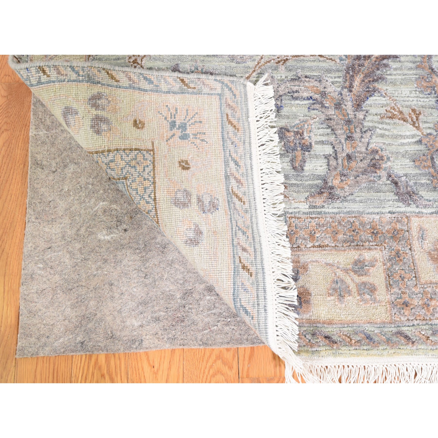 10-x14- Light Green Pure Silk With Textured Wool Mughal Design Hand Knotted Oriental Rug 