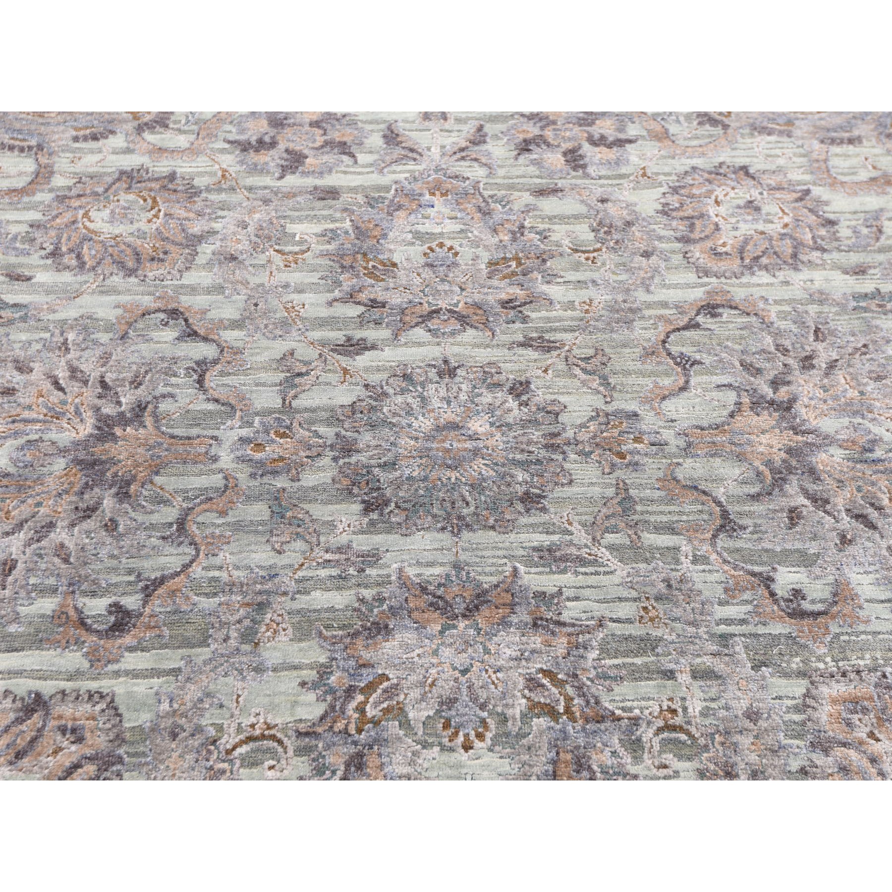 10-x14- Light Green Pure Silk With Textured Wool Mughal Design Hand Knotted Oriental Rug 